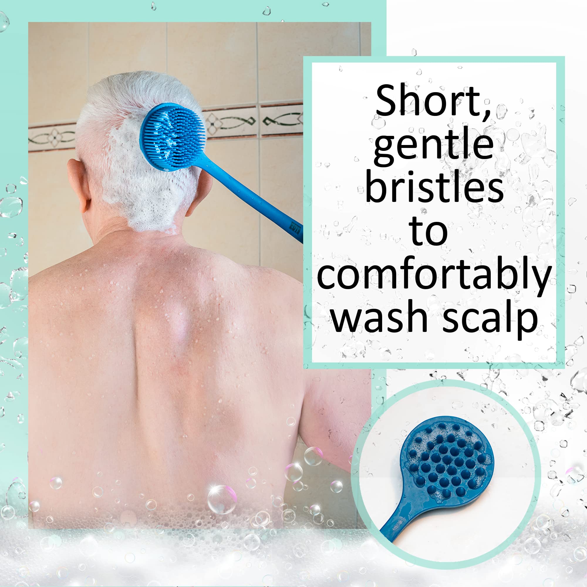 Flexible Long Handle Silicone Body Brush & Hair Scrubber - Exfoliating Back Brush for Shower, Scalp Massager & Hair Washer - Blue Sapphire - Perfect for Deep Cleansing, Relaxing Massage & Hard-to-Reach Areas