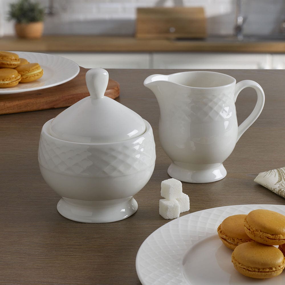 Elegant White Trellis Sugar and Creamer Set - Perfect for Coffee & Tea Service, Dining Table Decor, and Gift Giving