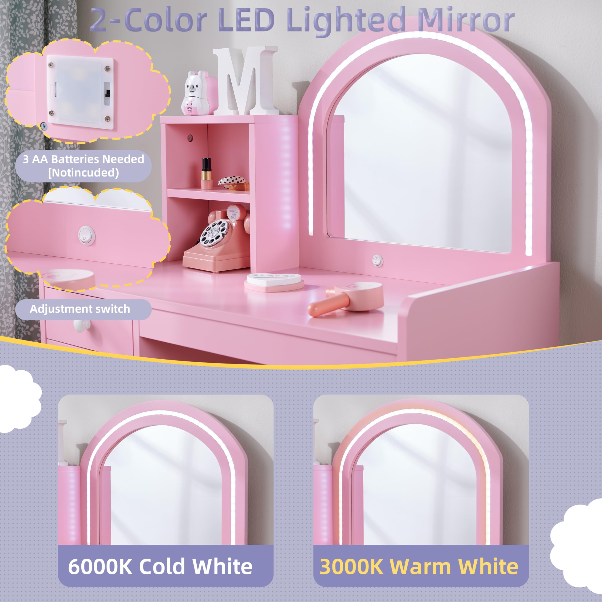Pink Princess Vanity Set with Mirror & Stool for Girls - Kids Makeup & Dress Up Play