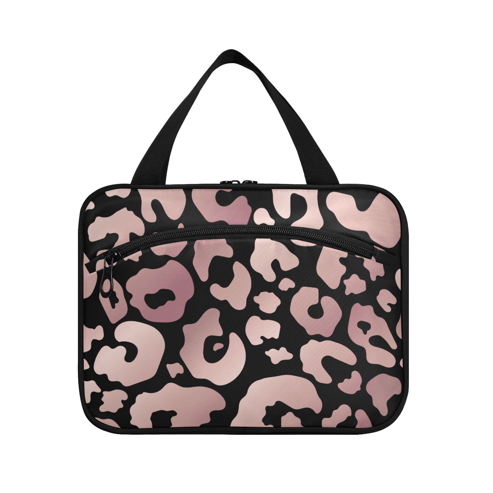 Black Rose Gold Leopard Travel Toiletry Bag for Women - Hanging Cosmetic Organizer for Makeup & Travel