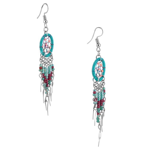 Stainless Steel Dream Catcher Dark Green Beaded Dangle Earrings for Women - Boho Chic Jewelry for Parties, Festivals & Everyday Wear