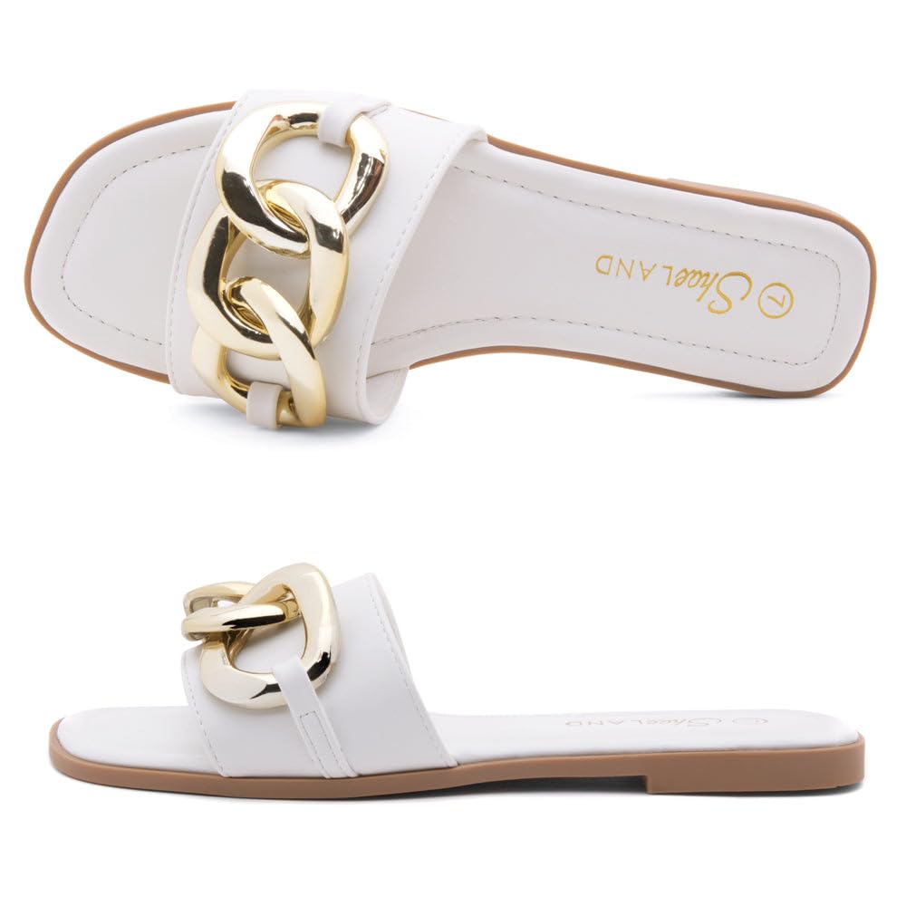 EMMA Women's Flat Sandals - Square Open Toe Single Band Slides with Metal Chain | Comfortable Cushioned Footbed Slip-On Slippers for Summer, Beach, Vacation & Daily Wear