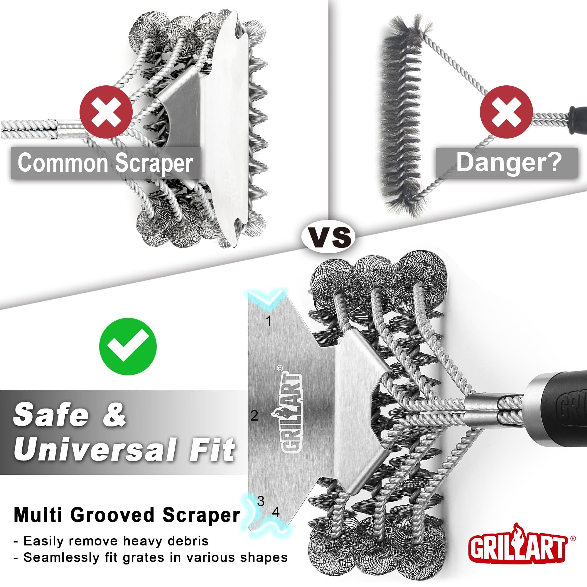 GRILLART Bristle-Free Grill Brush and Scraper - Stainless Steel BBQ Grill Cleaner Tool for Porcelain, Weber Gas & Charcoal Grills - Safe Grill Accessories for Men, Dad & Grill Masters - Perfect for Backyard BBQs, Camping & Outdoor Cooking