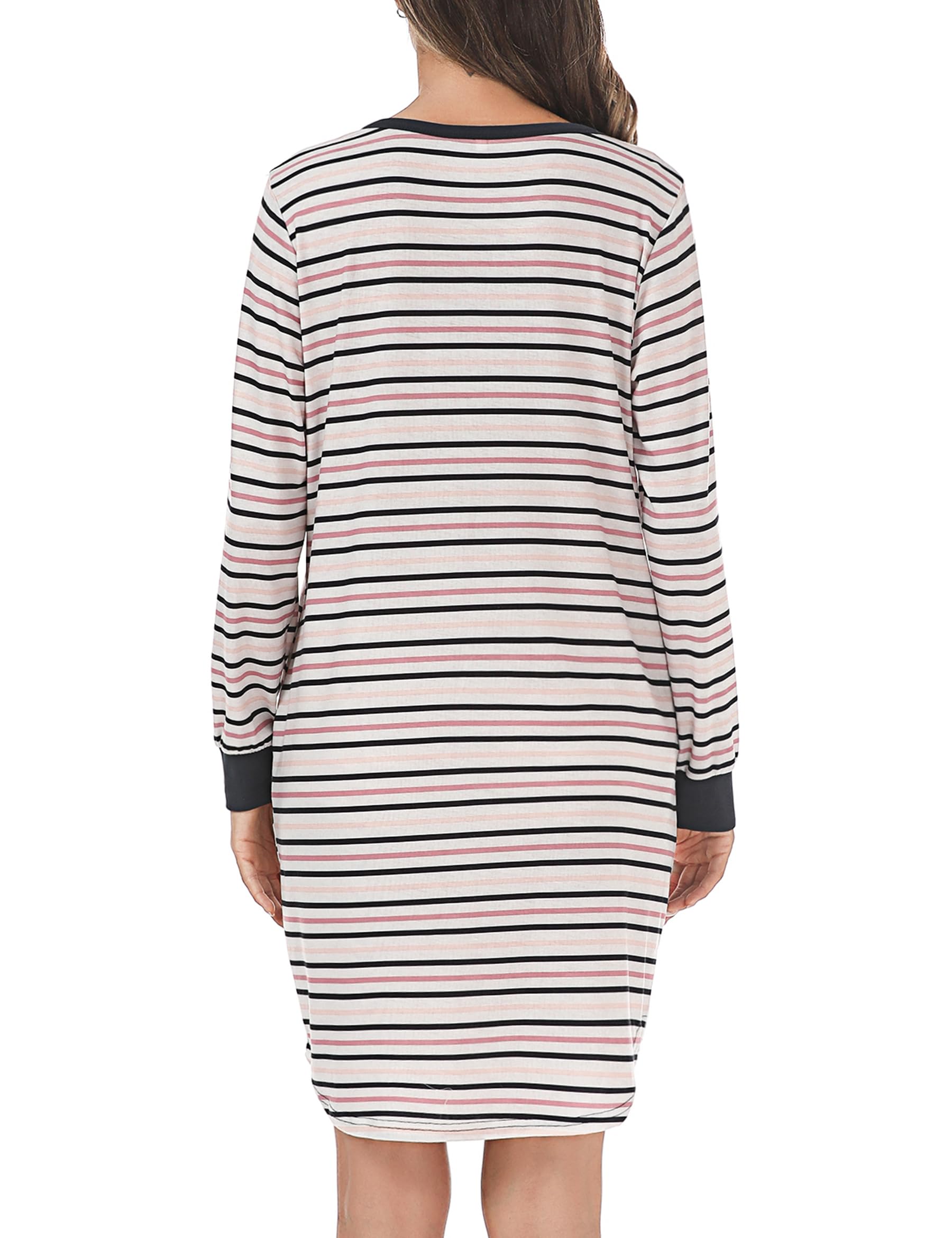Nieery Women's Long Sleeve V-Neck Striped Nightgown - Ultra Soft Cotton Nightdress with Pockets for Ladies | Perfect for Sleepwear, Lounging & Cozy Nights at Home