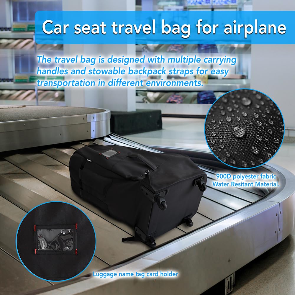 Best Padded Car Seat Travel Bag with Wheels - Airplane Approved Car Seat Cover & Travel Case for Safe Transport (Black) - Perfect for Air Travel, Road Trips & Storage