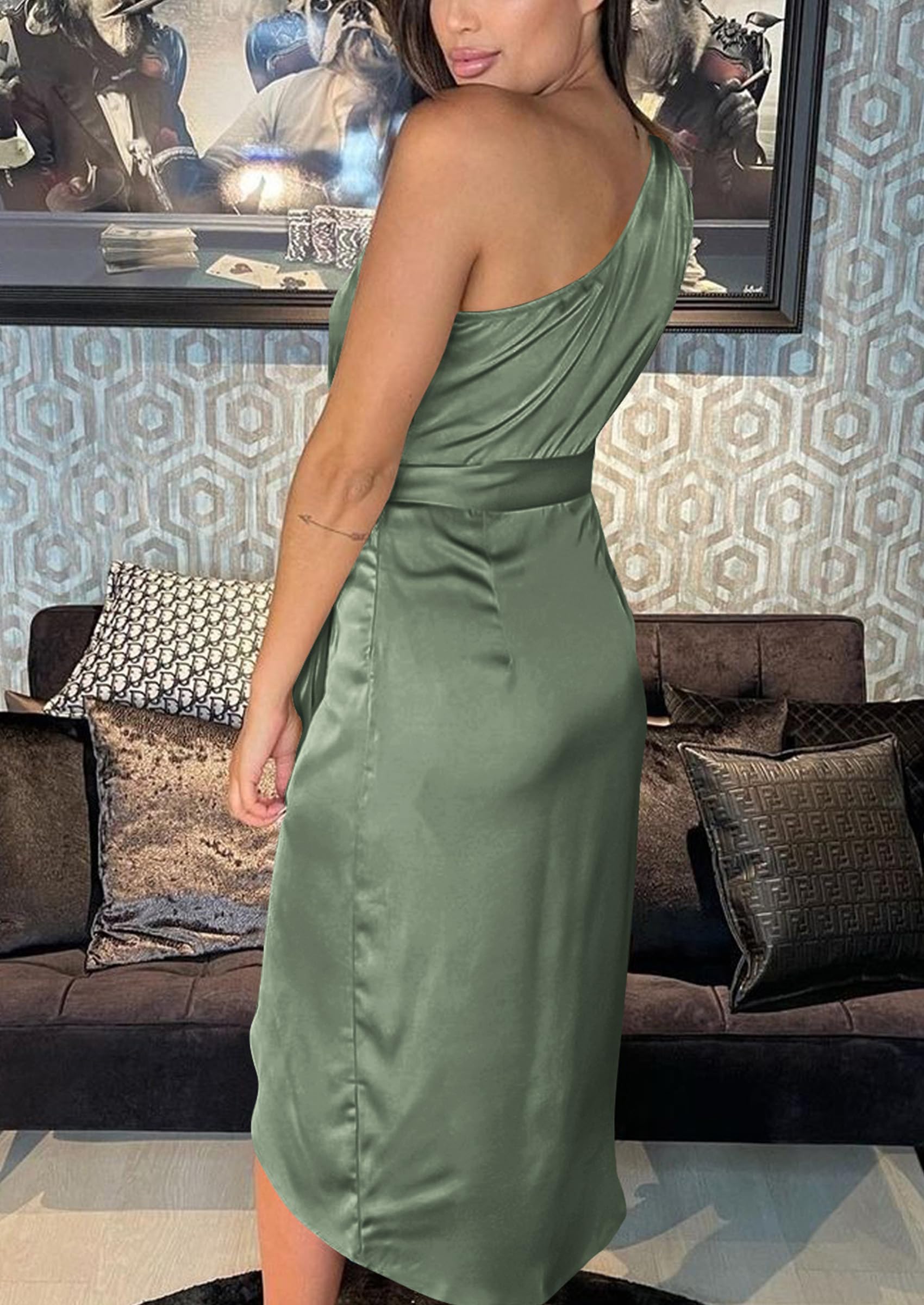 PRETTYGARDEN Women's Sexy Ruched Bodycon Dress - Sleeveless One Shoulder Wrap Cocktail Dress for Wedding Guest, Party & Night Out - Summer Satin Midi Dress for Women - Perfect for Date Night, Bridal Shower & Special Occasions