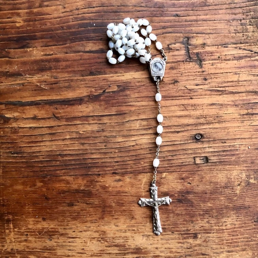 Vintage Catholic Rosary Necklace - Our Lady of Lourdes Milk Glass Beads, Religious Jewelry for Prayer & Devotion - Perfect for Gifts, Baptism, First Communion & Everyday Faith Wear