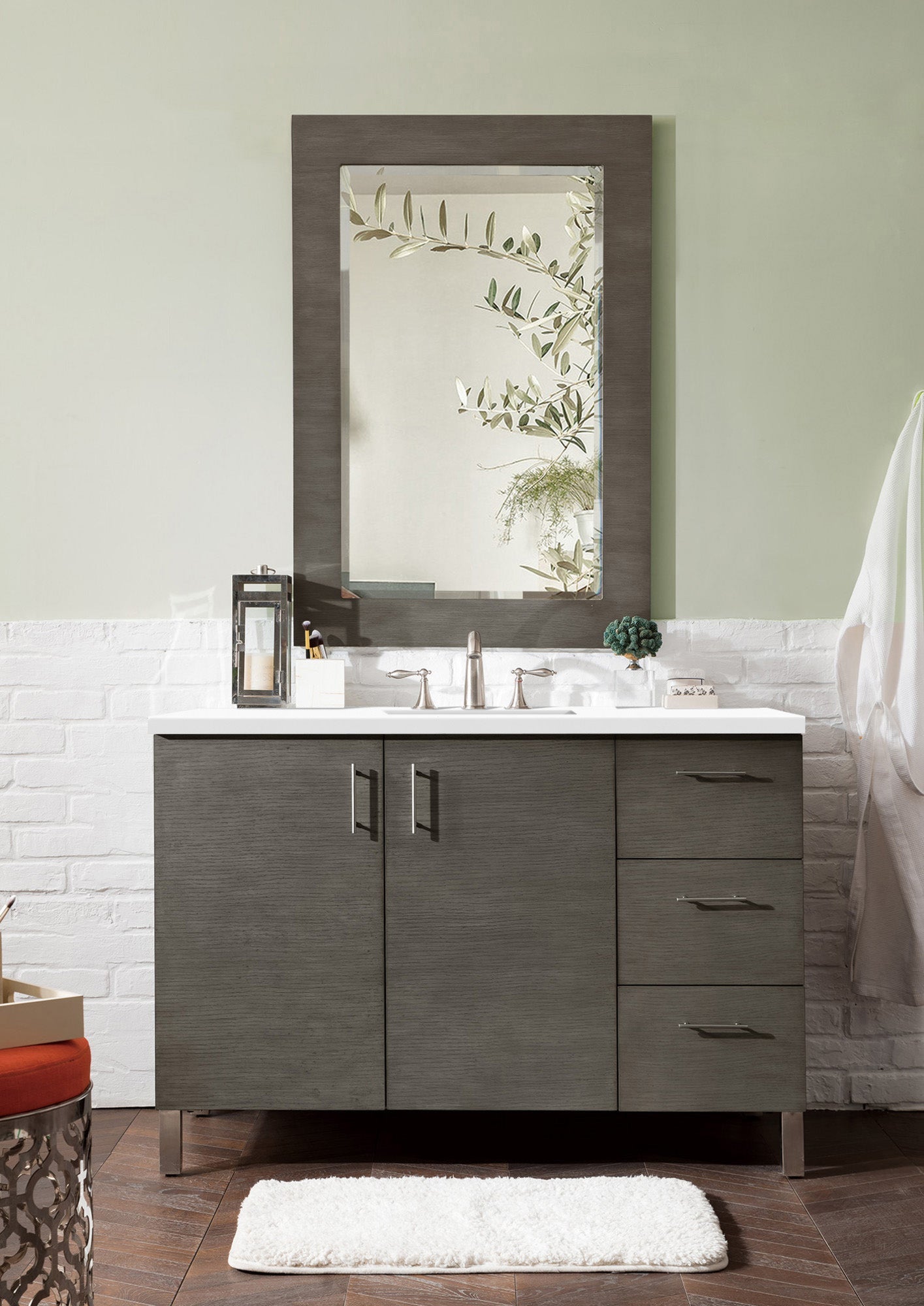Metropolitan 48 Inch Single Bathroom Vanity Set with Silver Oak Finish & 3CM Classic White Quartz Countertop - Perfect for Modern Master Bathrooms and Guest Suites
