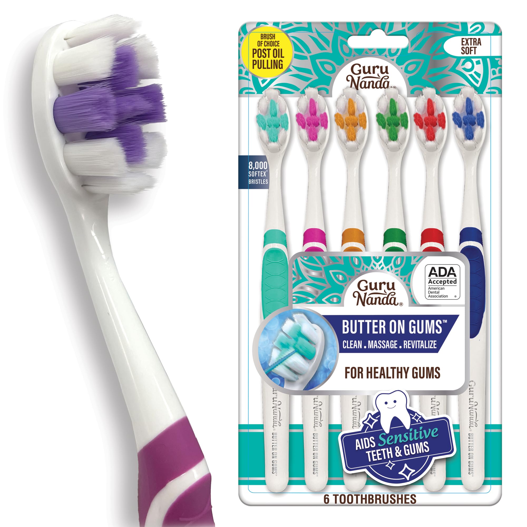 GuruNanda Ultra Soft Toothbrush for Sensitive & Receding Gums - 8000+ Softex Bristles for Gentle Cleaning & Whiter Teeth - 6 Pack - Ideal for Daily Oral Care & Gum Health Maintenance