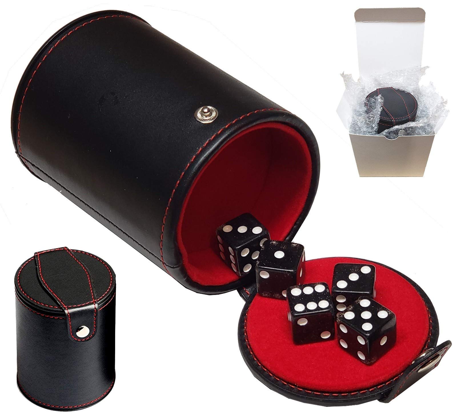 Black PU Leather Dice Cup Set with Storage Compartment - Red Felt Lined, Includes 5 Transparent 16mm Dice in Gift Box (Black Glitter) - Perfect for Dungeons & Dragons, Board Games, and Casino Night Parties
