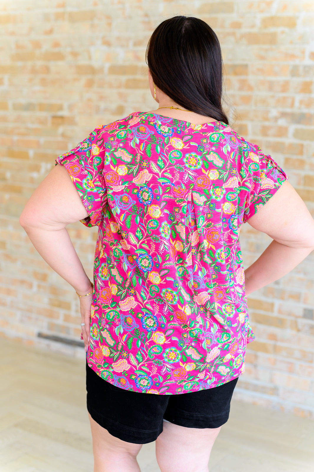 Lizzy Cap Sleeve Top - Fuchsia & Green Floral Paisley Print Women's Blouse | Perfect for Summer Outfits, Casual Wear & Boho Fashion