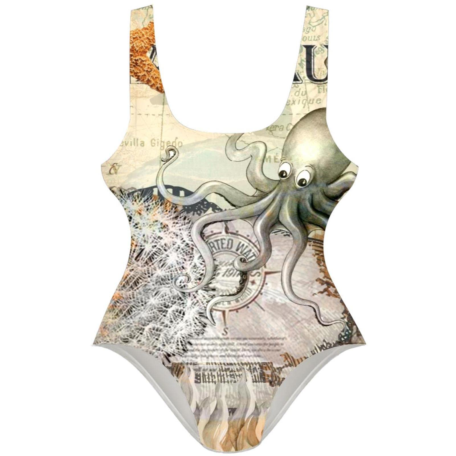 Pshhdgyhs Women's Nautical Octopus One Piece Swimsuit - U Back Bikini Bathing Suit for Beach, Pool & Summer Vacations