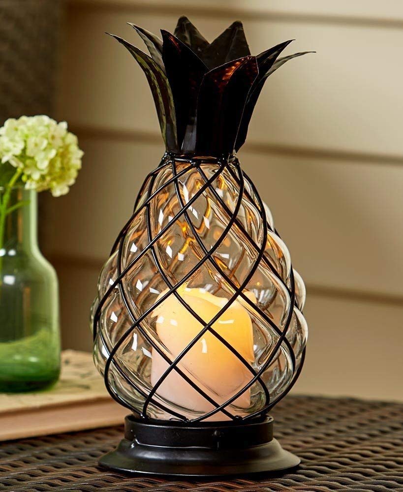 Glass Pineapple LED Hurricane Lantern - Battery Operated Decorative Light for Patio, Garden, and Outdoor Parties