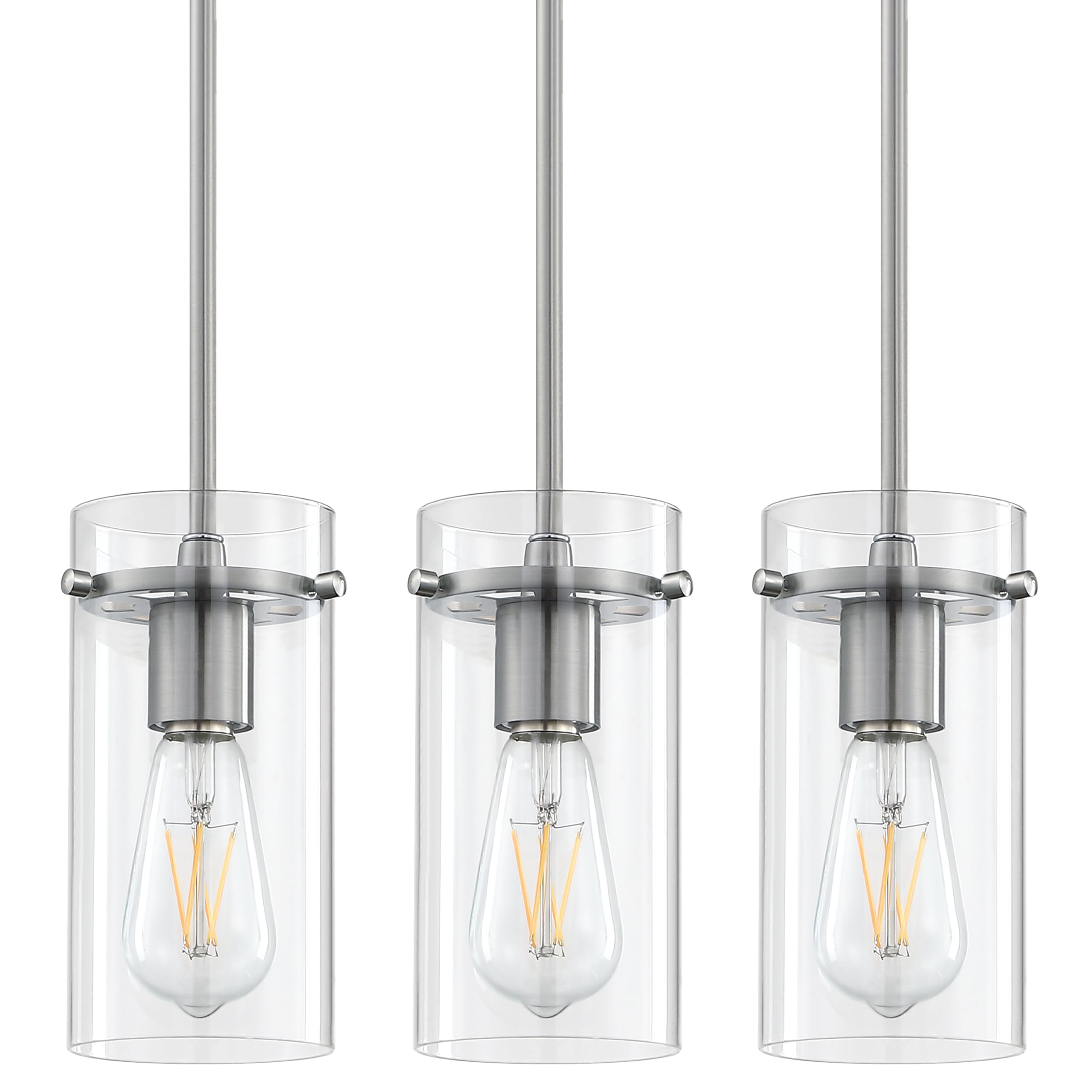 Vintage Industrial 3-Pack Brushed Nickel Pendant Light with Clear Glass Shade - Modern Hanging Island Lighting for Kitchen, Dining Room, Bedside & Over Sink - 4 Inch Straight Glass Design for Home & Restaurant Decor