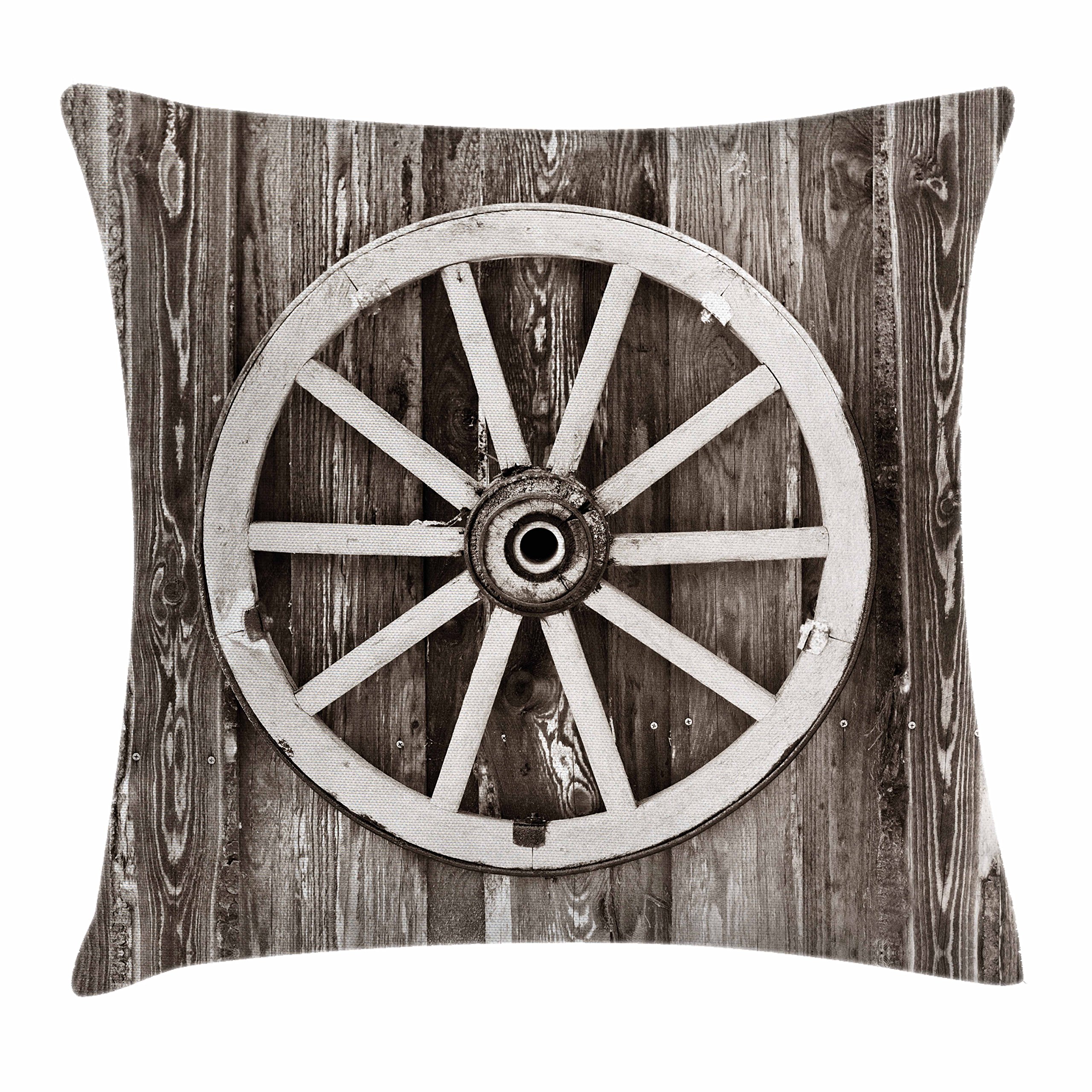 Ambesonne Vintage Barn Wood Wagon Wheel Throw Pillow Cover 36x36 Inches - Dark Brown & White Retro Farmhouse Decor for Living Room, Bedroom, or Cabin