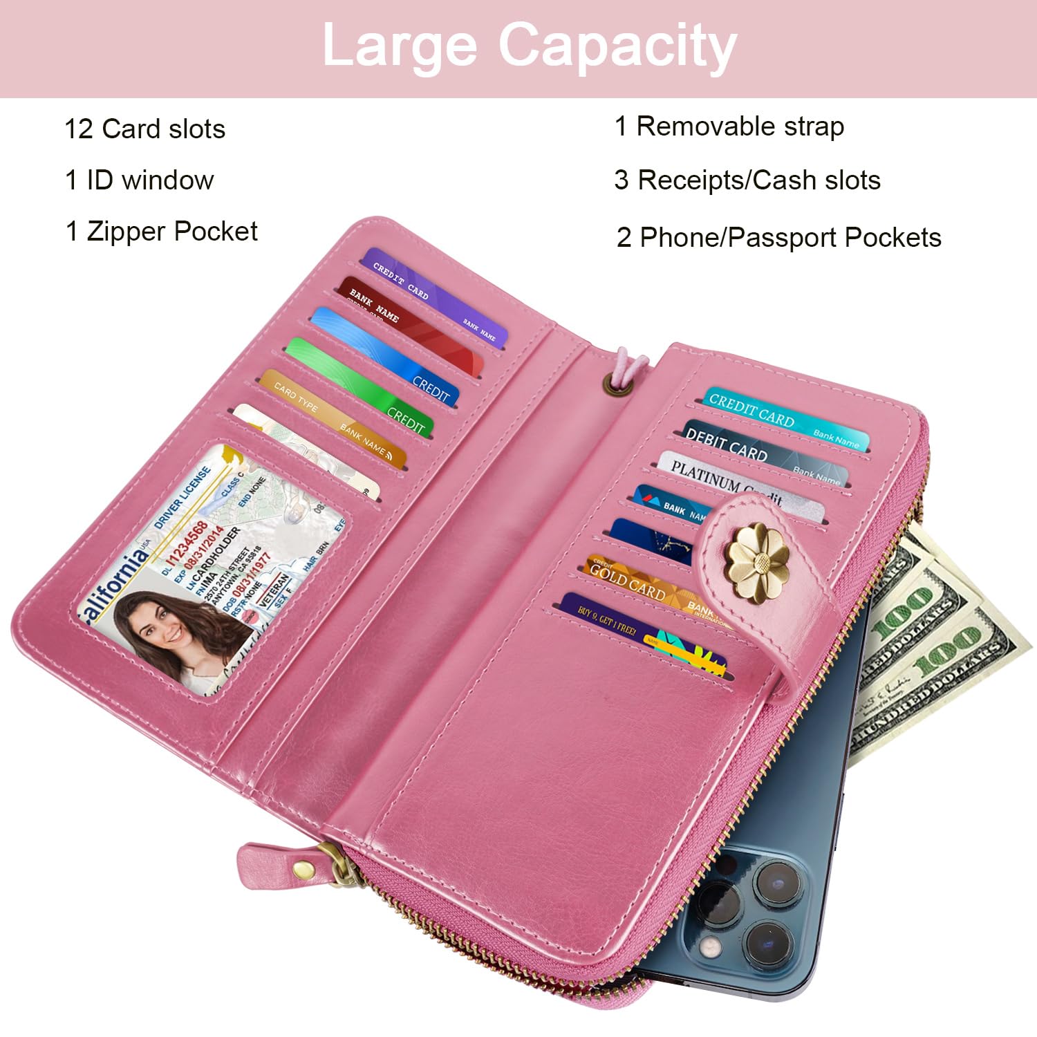 Women's RFID Blocking Leather Wallet with Multi Card Slots & Wrist Strap - Slim Clutch Purse Organizer for Credit Cards, Cash & ID - Perfect for Travel, Shopping & Everyday Use