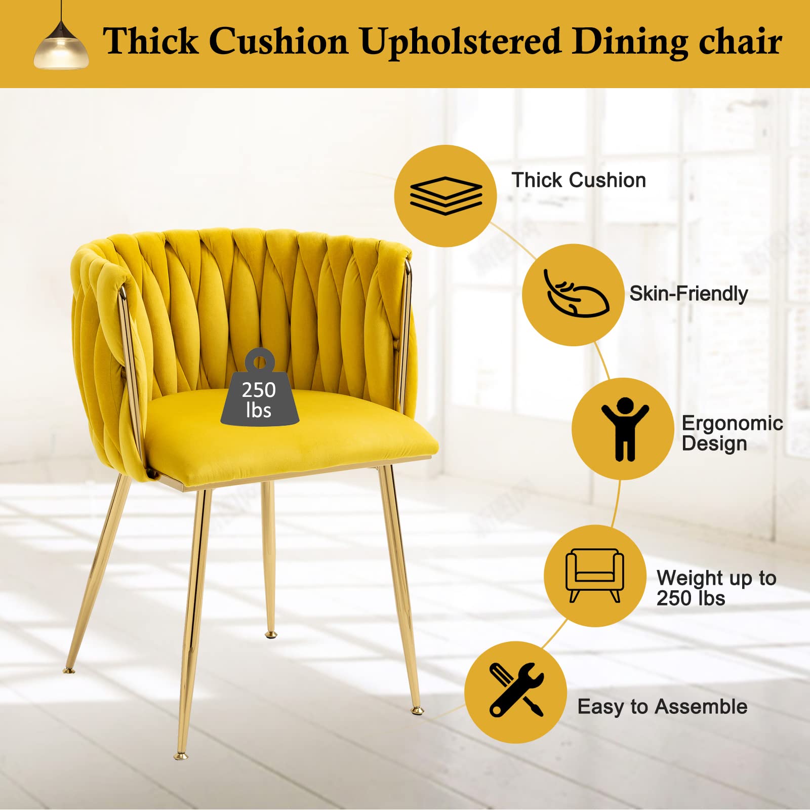 NIOIIKIT Modern Velvet Dining Chairs Set of 2 - Handwoven Accent Chairs with Golden Metal Legs, Upholstered Side Chairs for Living Room, Dining Room, Kitchen & Vanity (Mustard Yellow) | Perfect for Home Decor, Dinner Parties & Cozy Seating