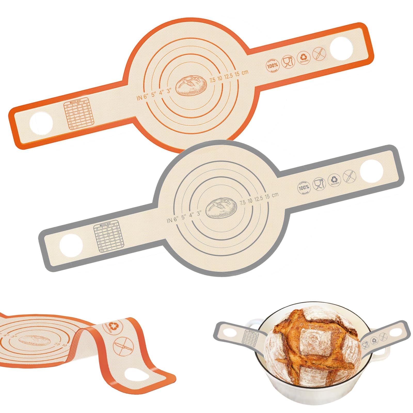 2-Pack Platinum Silicone Bread Sling for Dutch Oven - Reusable Non-Stick Baking Mat with Extra Long Handles for Easy Sourdough Bread Transfer | Perfect for Artisan Bread Baking, Kitchen Essentials & Easy Clean Cooking Accessories