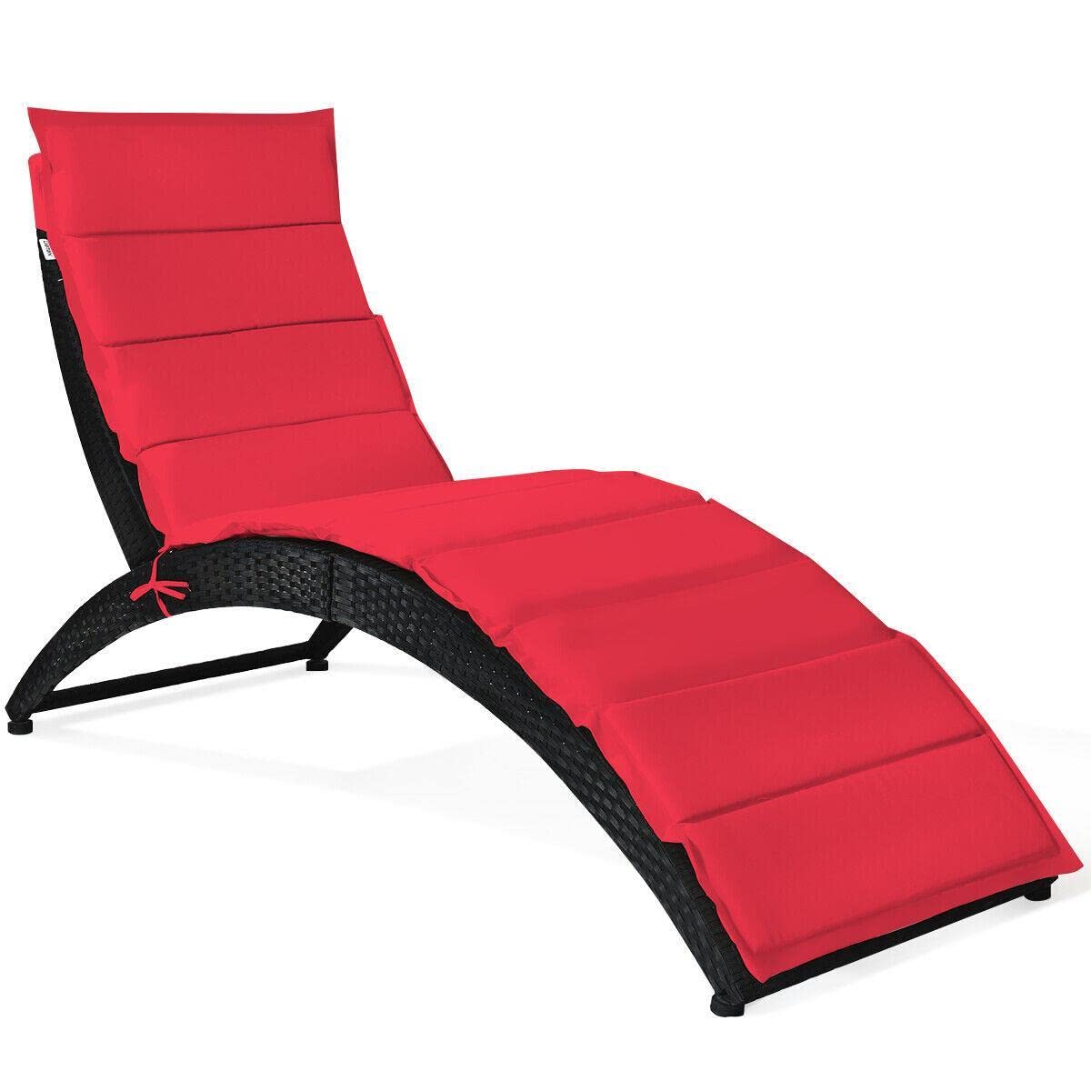 Premium Folding Patio Rattan Lounge Chair with Cushion - Portable Chaise for Lawn, Garden, Pool & Beach - Lightweight Outdoor Furniture for Relaxing in Backyard, Patio or Balcony - Red Cenis Chaise Lounger