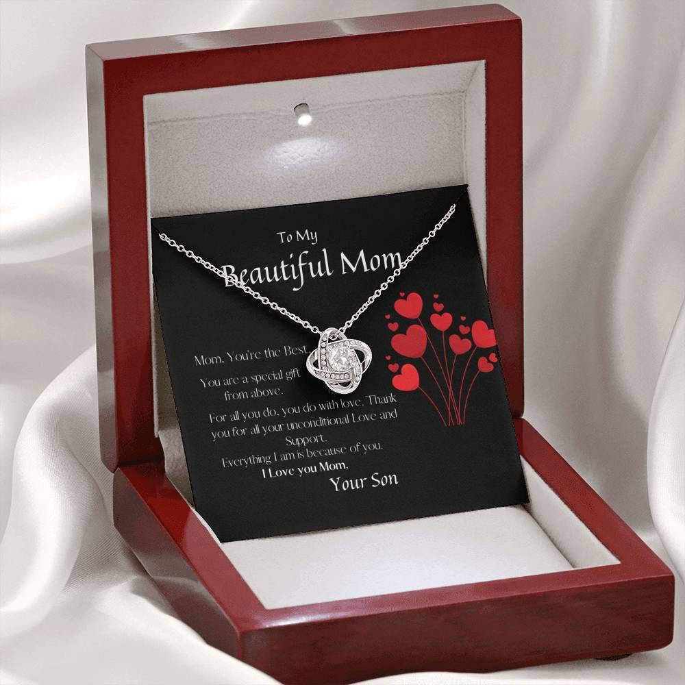 Mom Love Knot Necklace - Personalized Mother's Birthday Gift from Son with Luxury Mahogany Box | Thoughtful Thank You Present for Mom, Grandma & Special Women | Perfect for Mother's Day, Christmas & Anniversary Celebrations