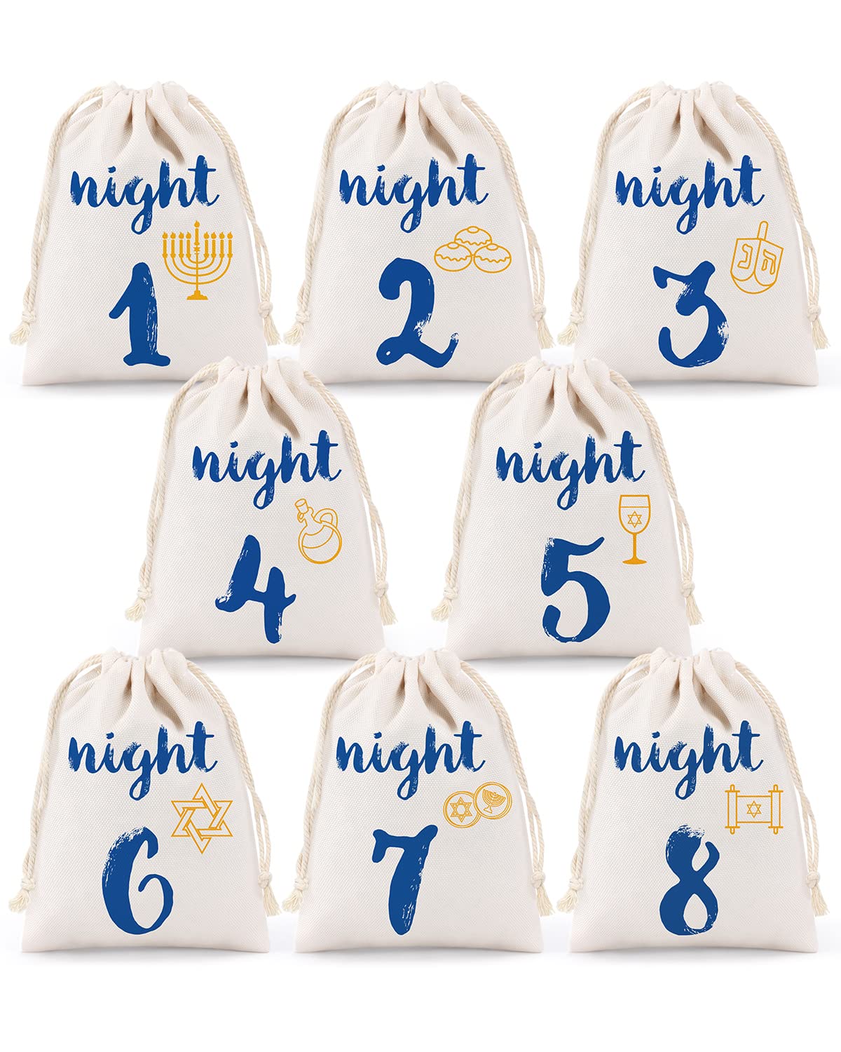 8 Pack Hanukkah Gift Bags - Chanukah Countdown Calendar with Drawstring Burlap Bags for Festival of Lights, Linen Treat Goodie Bags - Perfect for Hanukkah Party Favors, Holiday Celebrations & Jewish Tradition Gifts