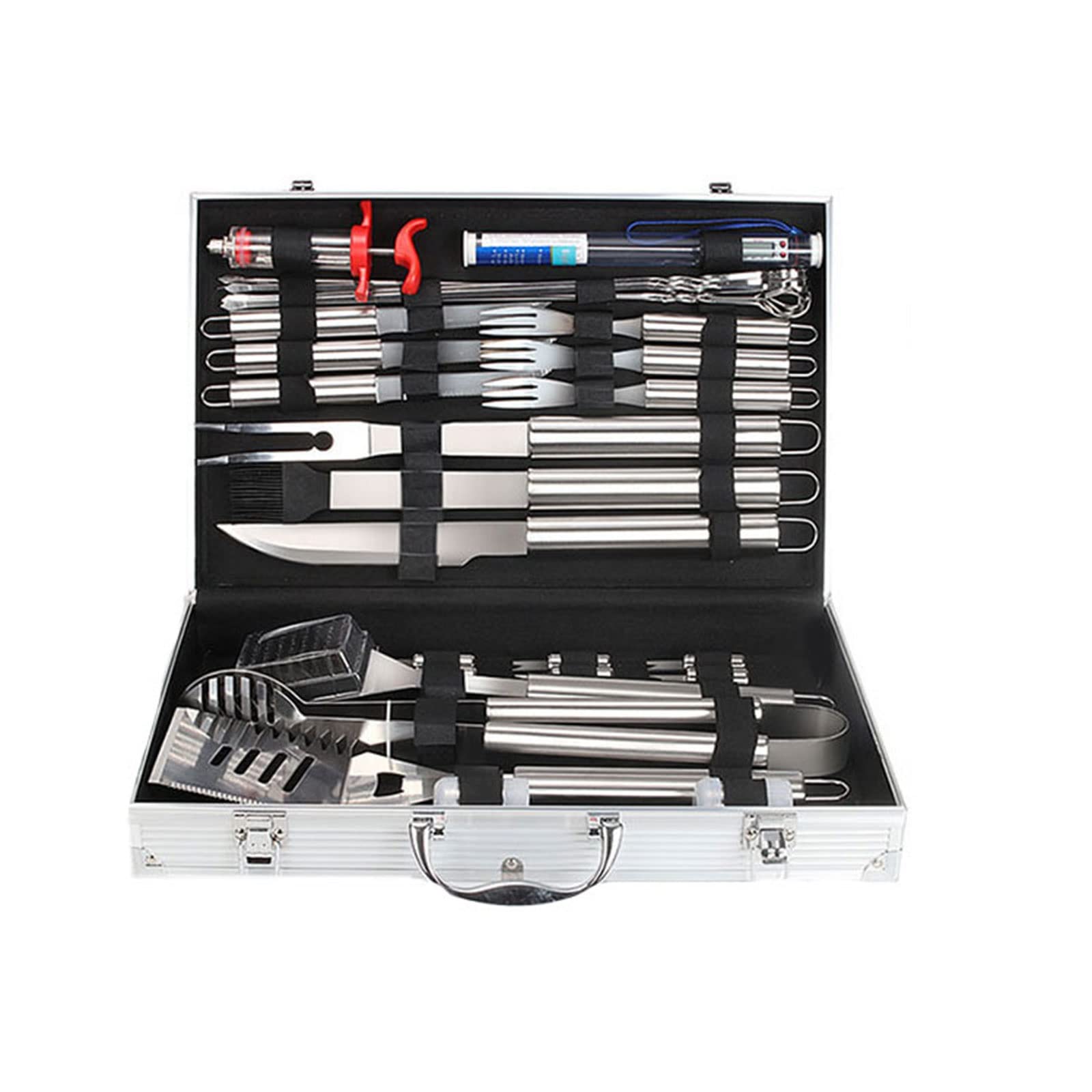 32PCS Stainless Steel BBQ Grill Tools Set with Aluminum Case & Meat Thermometer - Perfect for Camping, Backyard Grilling, Father's Day Gifts for Men - Durable Outdoor Cooking Accessories for Steak, Burgers & More