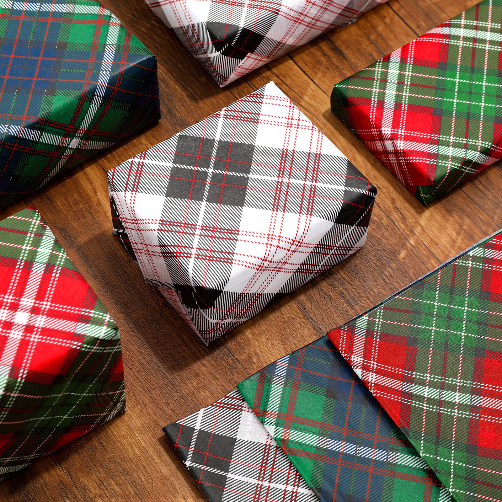 Whaline Christmas Buffalo Plaid Wrapping Paper - 90 Sheets of Blue, Red, Green, White & Black Rustic Tissue Paper for DIY Gift Bags, Crafts, Home Decor | Perfect for Holiday Presents, Xmas Tree Decorations & New Year Party Supplies