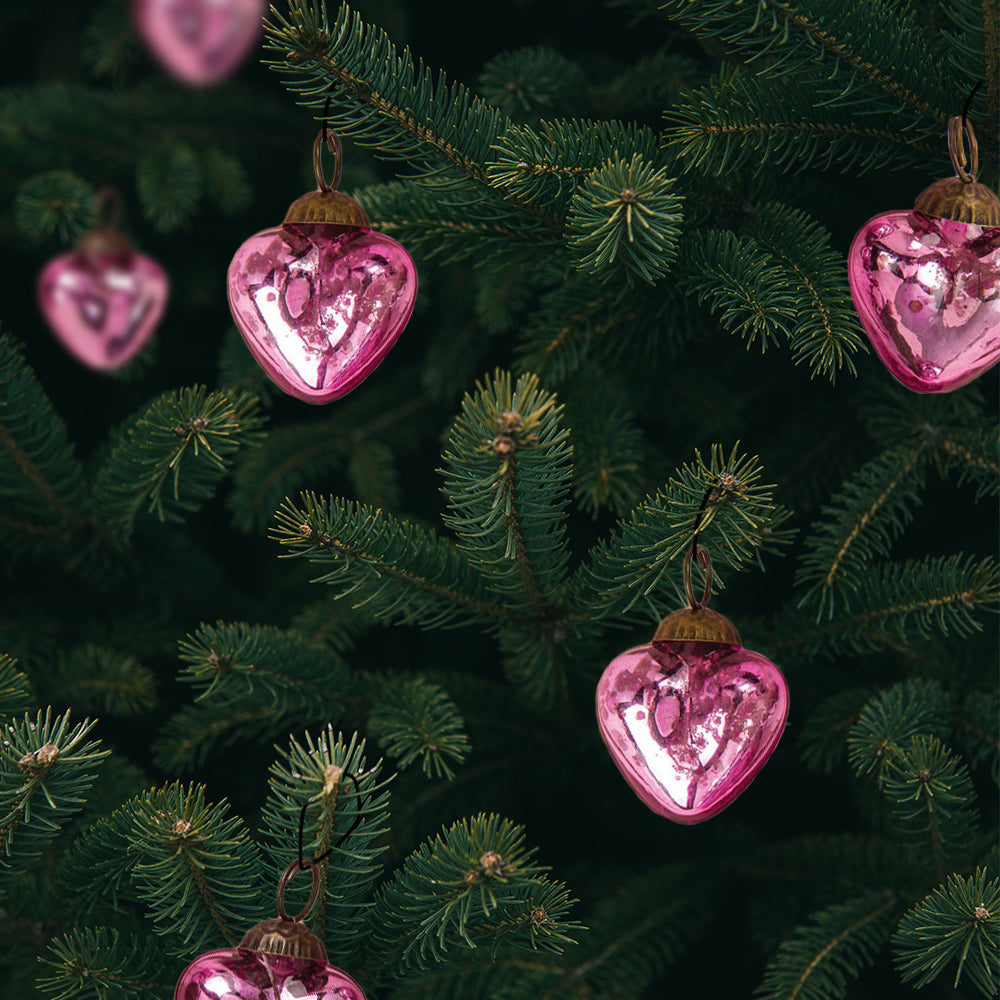 6 Pack Pink Cora Mercury Glass Heart Ornaments - Elegant Christmas Tree Decorations for Holiday Home, Party & Wedding Decor
