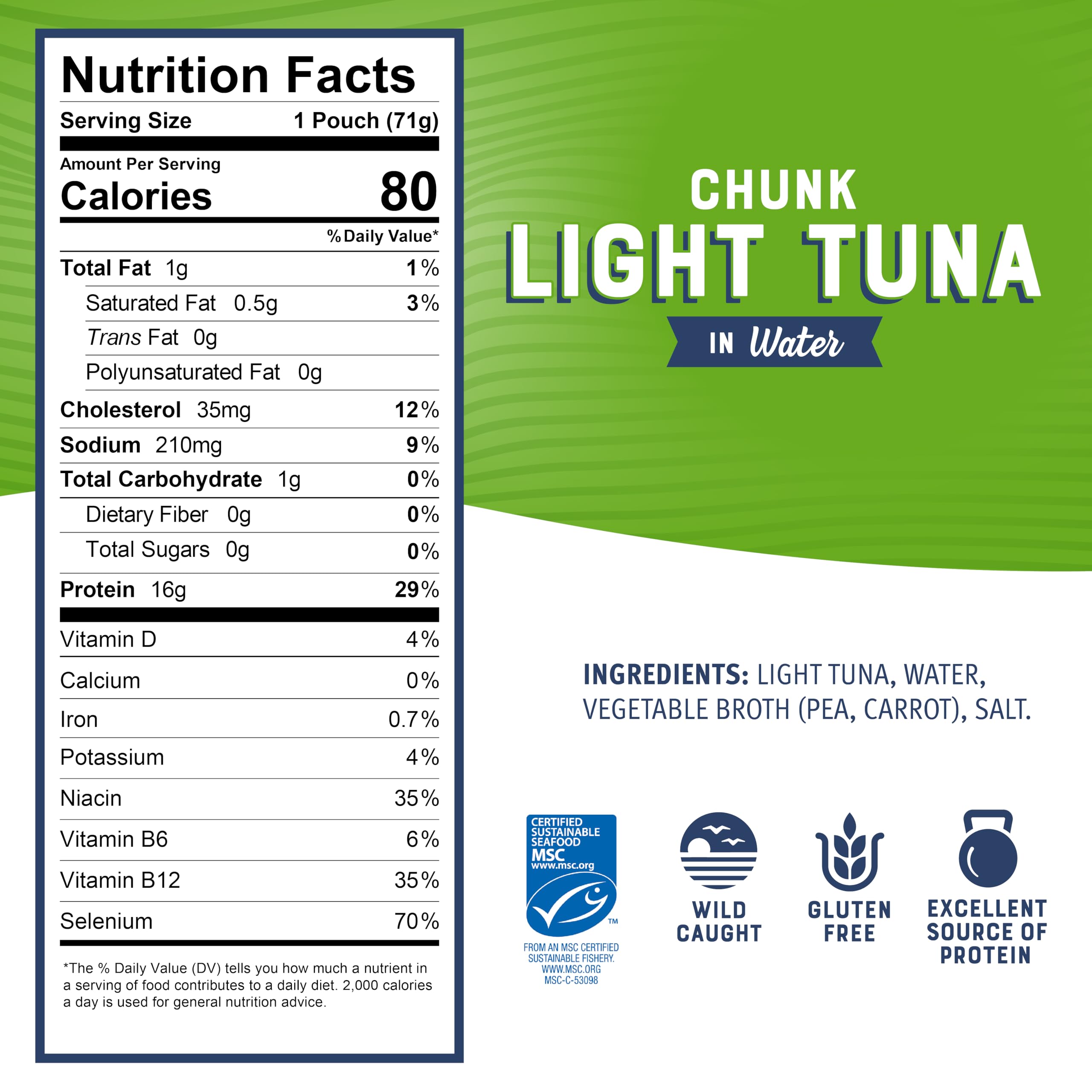Bumble Bee Chunk Light Tuna in Water, 2.5 oz Pouch - Wild Caught Skipjack Tuna, Ready to Eat, High Protein (16g per Serving) - MSC Certified Sustainable Seafood, Non-GMO, Gluten Free, Kosher - Perfect for Lunches, Camping & Emergency Food Supplies