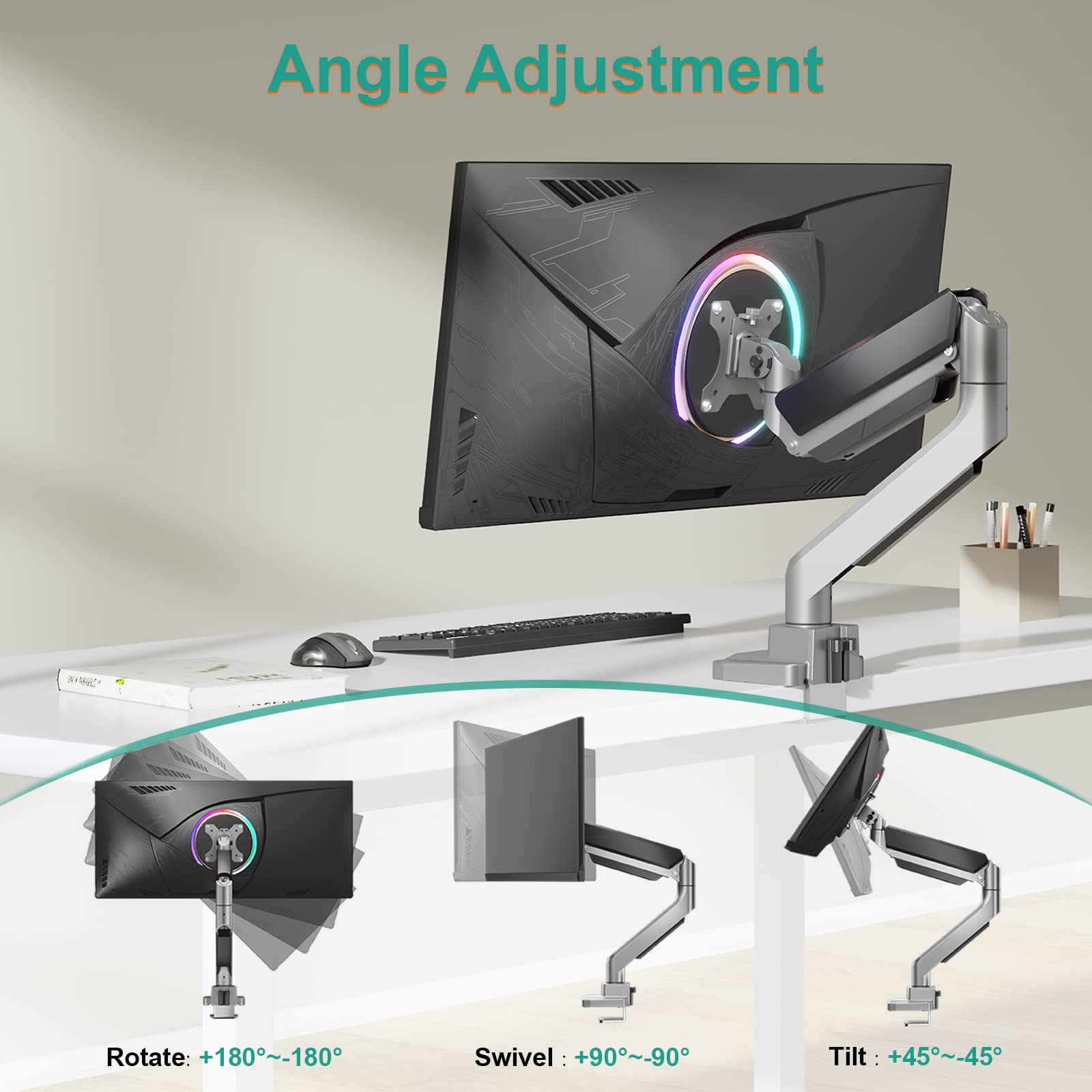 WALI Heavy Duty Gas Spring Single Monitor Arm Desk Mount - Fully Adjustable Stand for 35 Inch Screens up to 33lbs (GSMU001, Silver) - Perfect for Home Office, Gaming Setup & Workspace Ergonomics