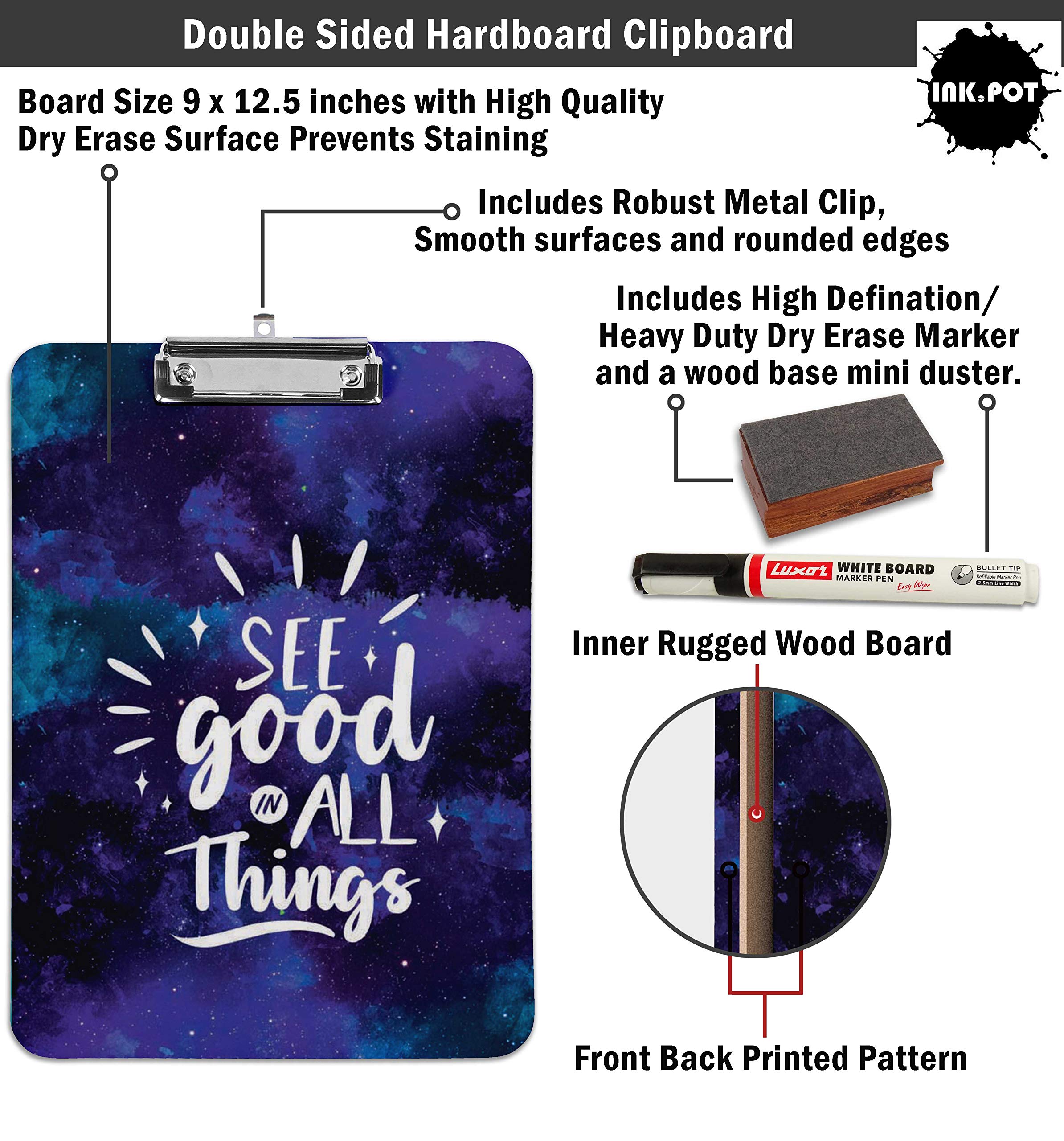 Double Sided Dry Erase Clipboard 9x15 - Free Marker & Duster for Office & School