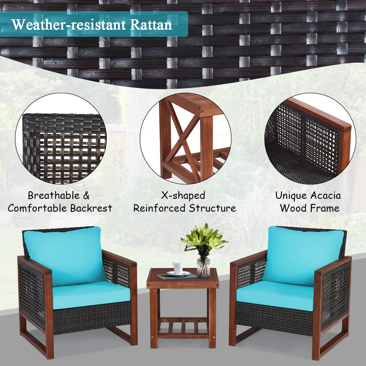 Tangkula 3-Piece Patio Furniture Set - All-Weather Wicker Sofa with Washable Cushions & Acacia Wood Coffee Table - Outdoor Conversation Set for Garden, Balcony, Backyard, Poolside (Turquoise) - Perfect for Relaxing, Entertaining & Enjoying Outdoor Living