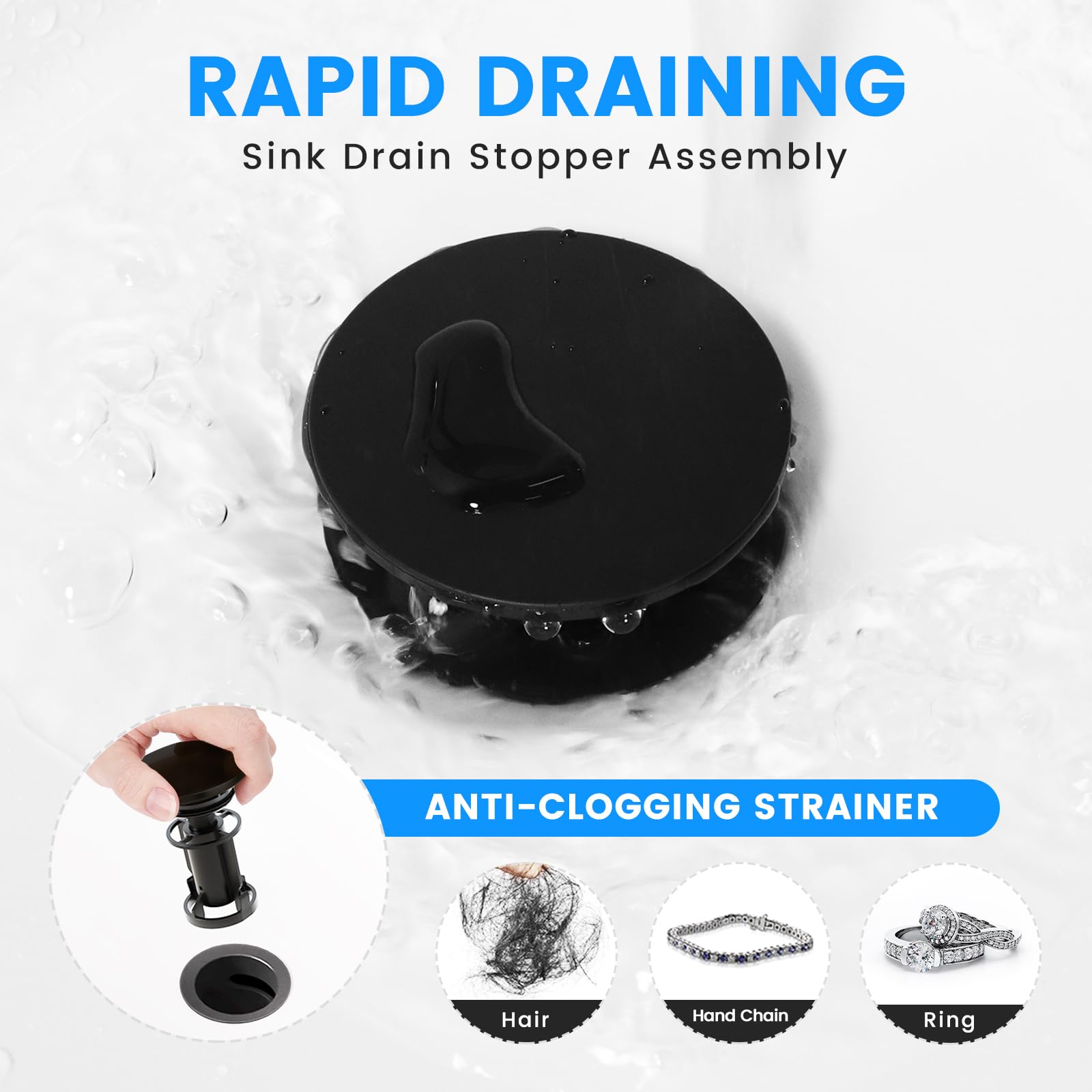Matte Black Bathroom Sink Drain with Overflow - Anti-Clog Hair Catcher for Vanity Vessel Sinks