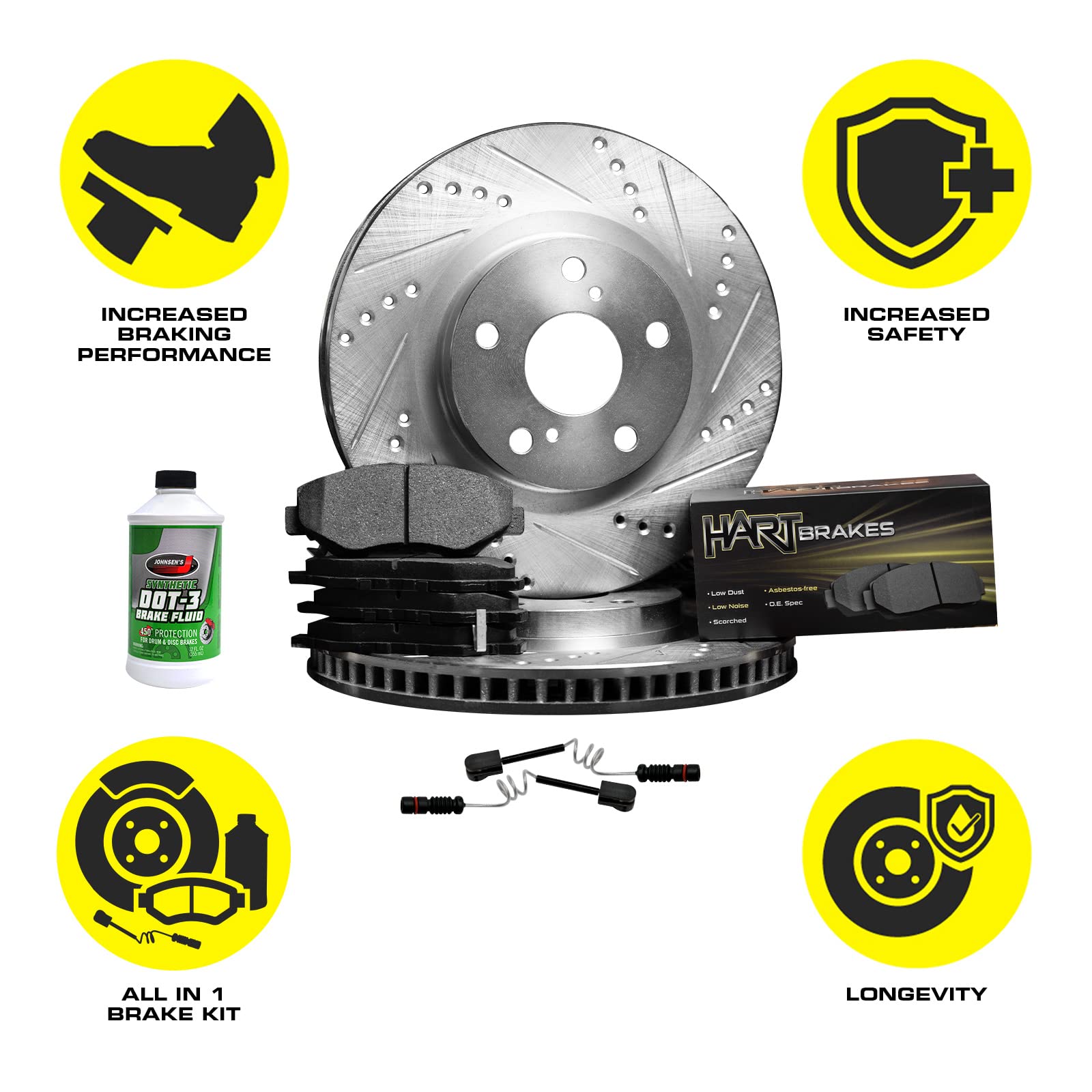 High-Performance Hart Front & Rear Brake Pads and Rotors Kit - Semi-Metallic Brake System with Sensor Wire (PHCC.40005.63) | Perfect for Sedans, SUVs & Trucks | Smooth Stopping Power for City Driving & Highway Safety