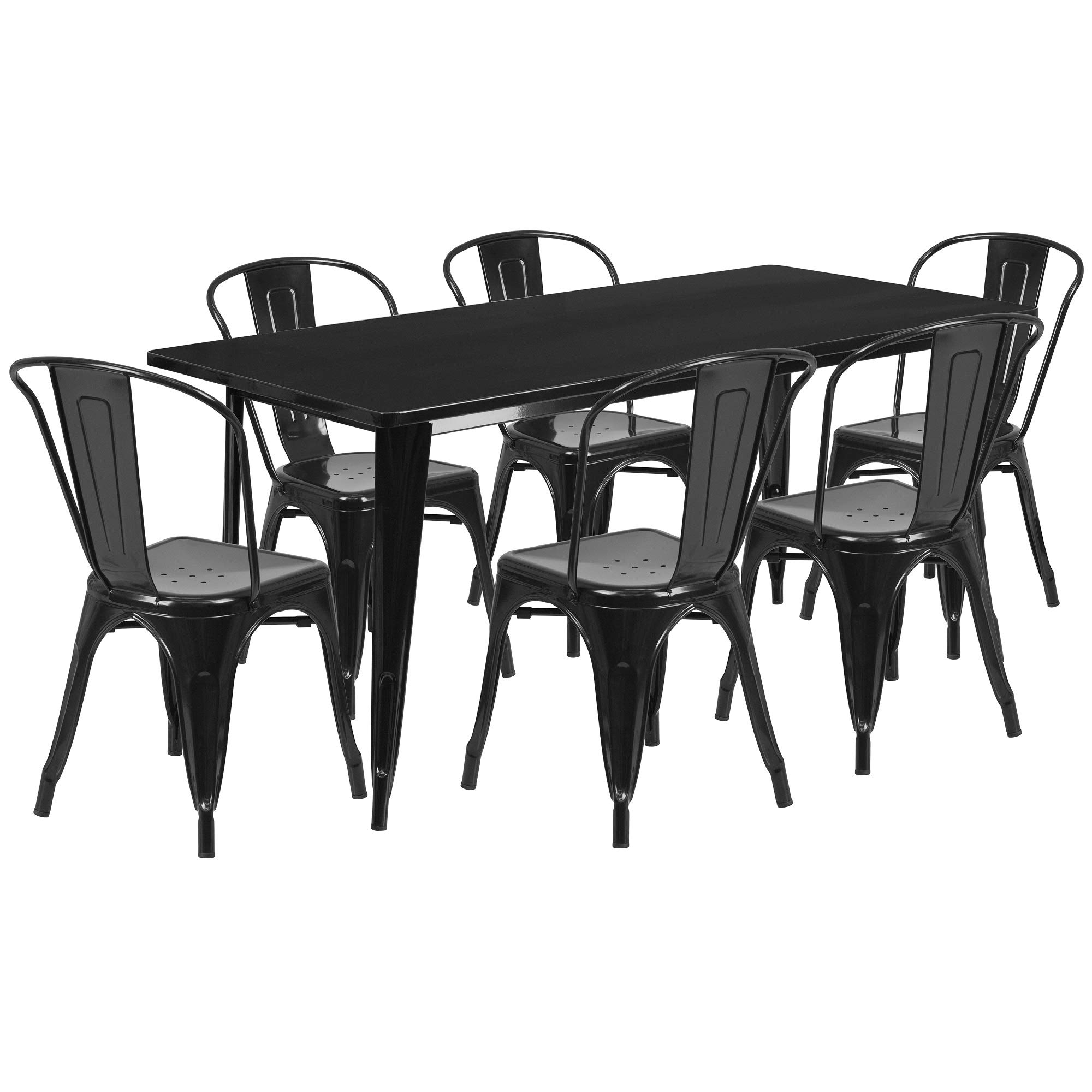 7-Piece Black Rectangular Outdoor Patio Dining Set with Cushions - 63