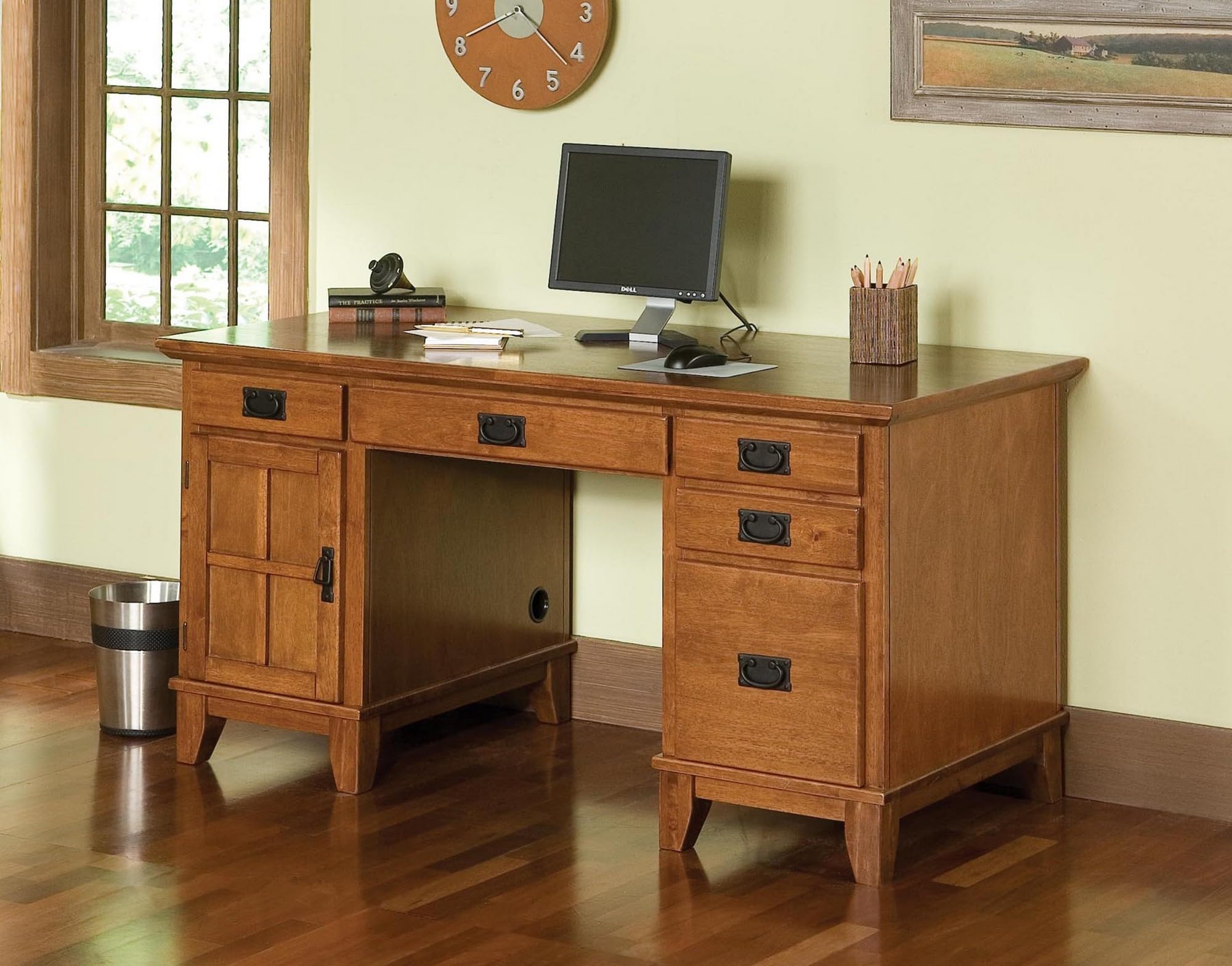 Homestyles Arts & Crafts Pedestal Desk - Solid Wood Writing Desk with Drawers, Brown Finish | Perfect for Home Office, Study Room & Craft Spaces