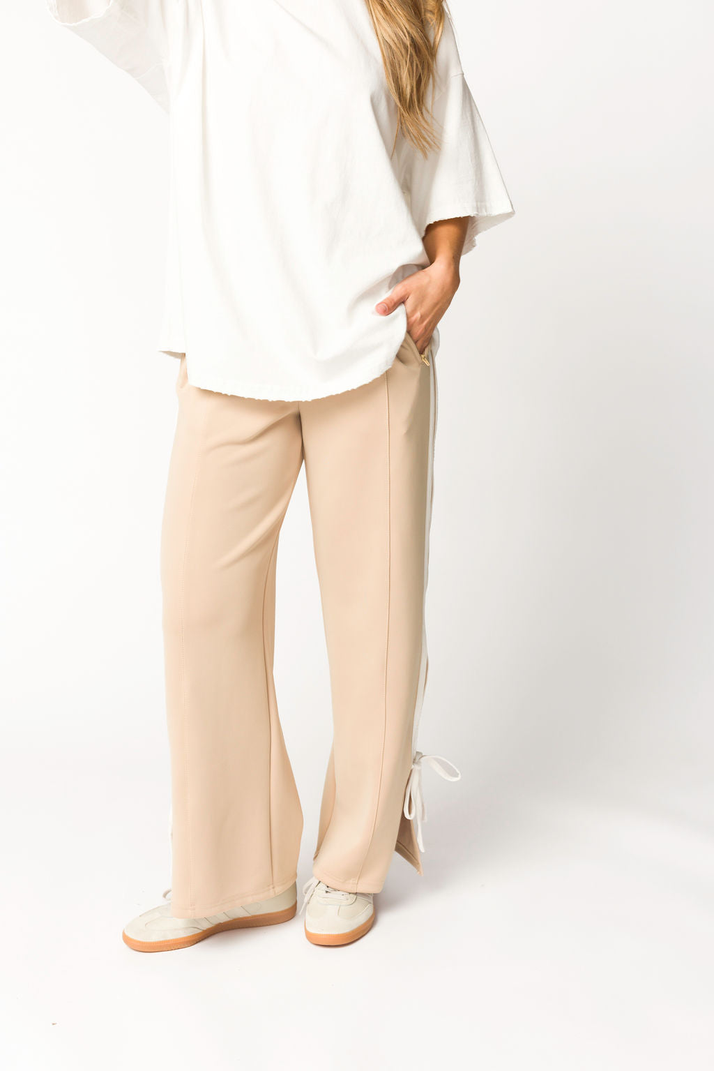 Women's Murphy Track Pants with Bow Detail - Comfortable Taupe & White Casual Joggers for Lounge, Yoga, and Everyday Wear