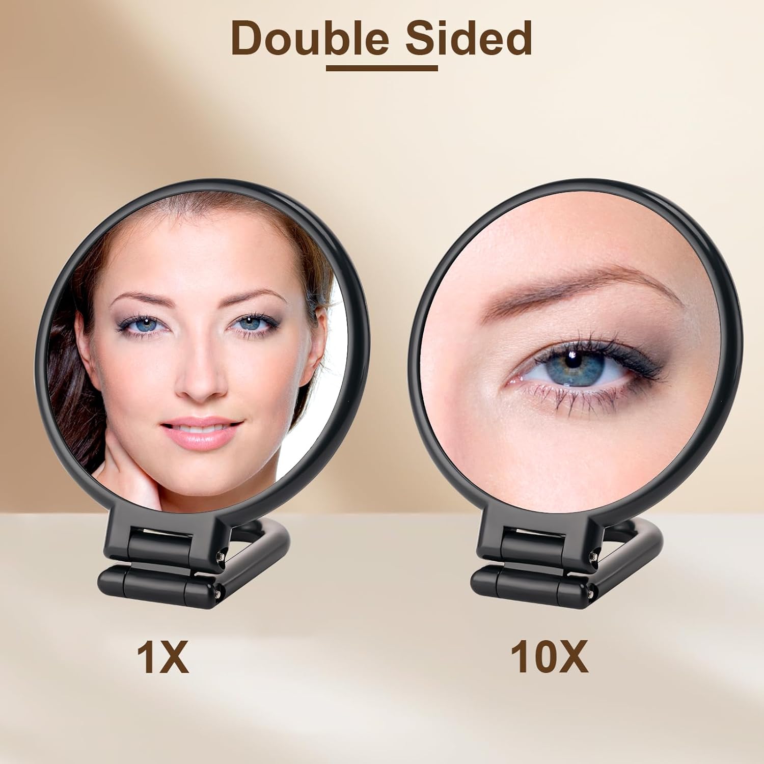BOOMIBOO 10X Magnifying Mirror with Light, Double-Sided Foldable Travel Makeup Mirror - Adjustable Rotation, Handheld/Desk/Hanging Vanity Mirror for Makeup, Skincare & Eyebrow Grooming - Perfect for Travel, Bathroom & Dressing Table (Black)