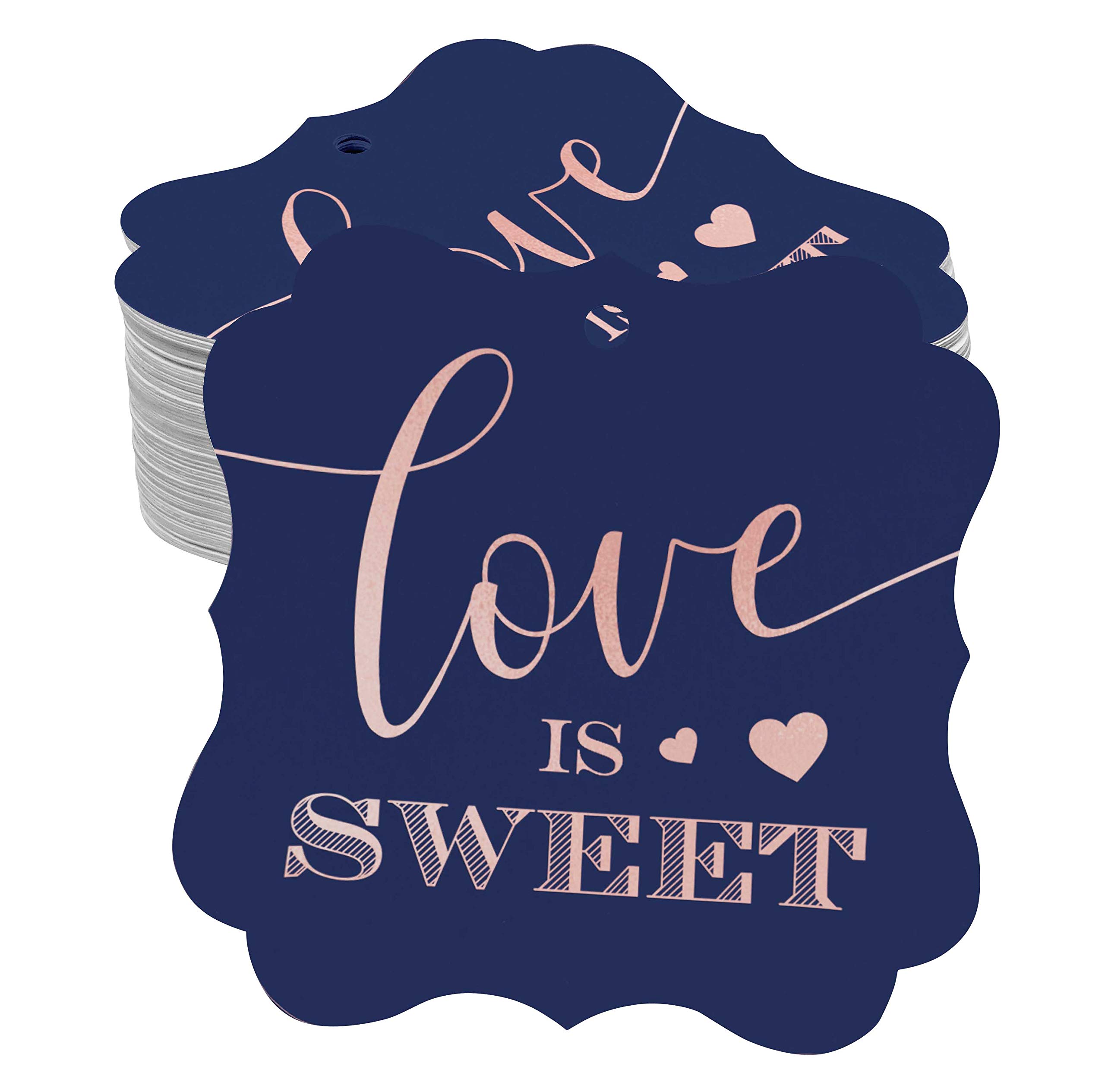 100pcs Love is Sweet Wedding Paper Tags - DIY Craft Bracket Shape with Real Rose Gold Foil - Perfect for Wedding Favors, Bridal Shower Decorations & Gift Tagging