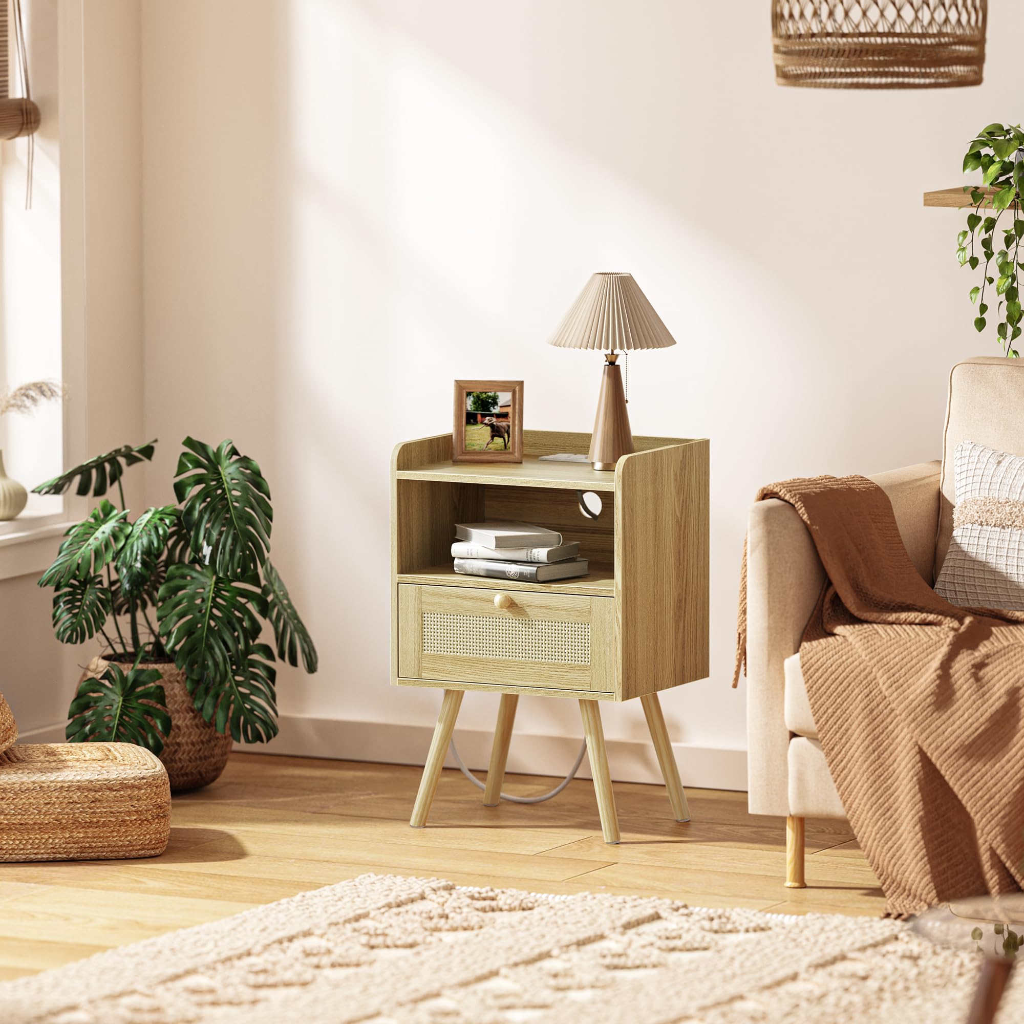 Premium Nightstands Set of 2 with USB Charging Station & Rattan Drawers - Solid Wood Bedside Tables with PE Woven Decor for Bedroom, Living Room, Office - Natural Finish - Perfect for Small Spaces & Modern Home Decor