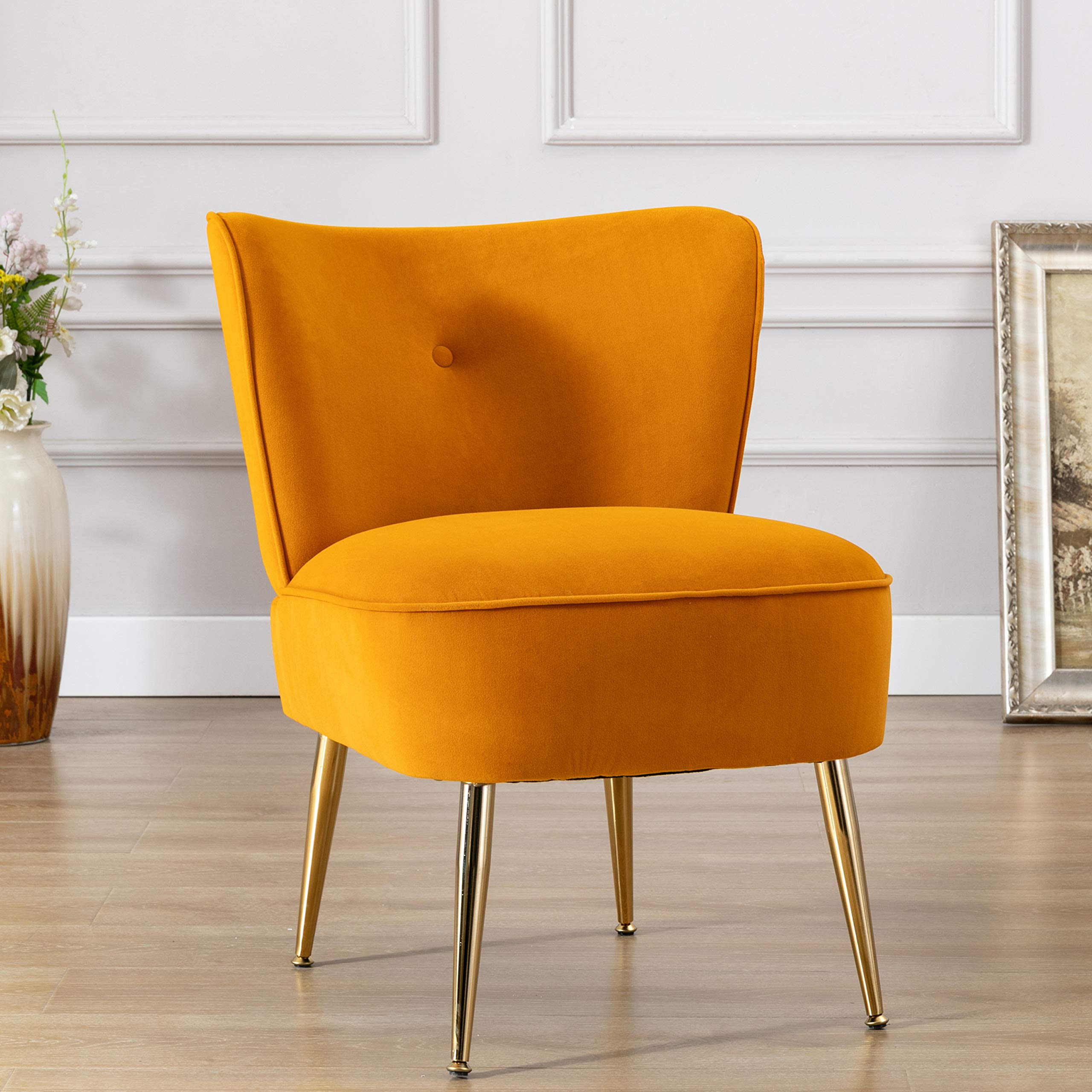 HomVent Velvet Accent Chair - Modern Upholstered Wingback Chair with Golden Metal Legs for Living Room, Bedroom & Vanity | Comfortable Guest Seating & Home Decor (Yellow) - Perfect for Reading Nooks, Lounge Areas & Makeup Stations