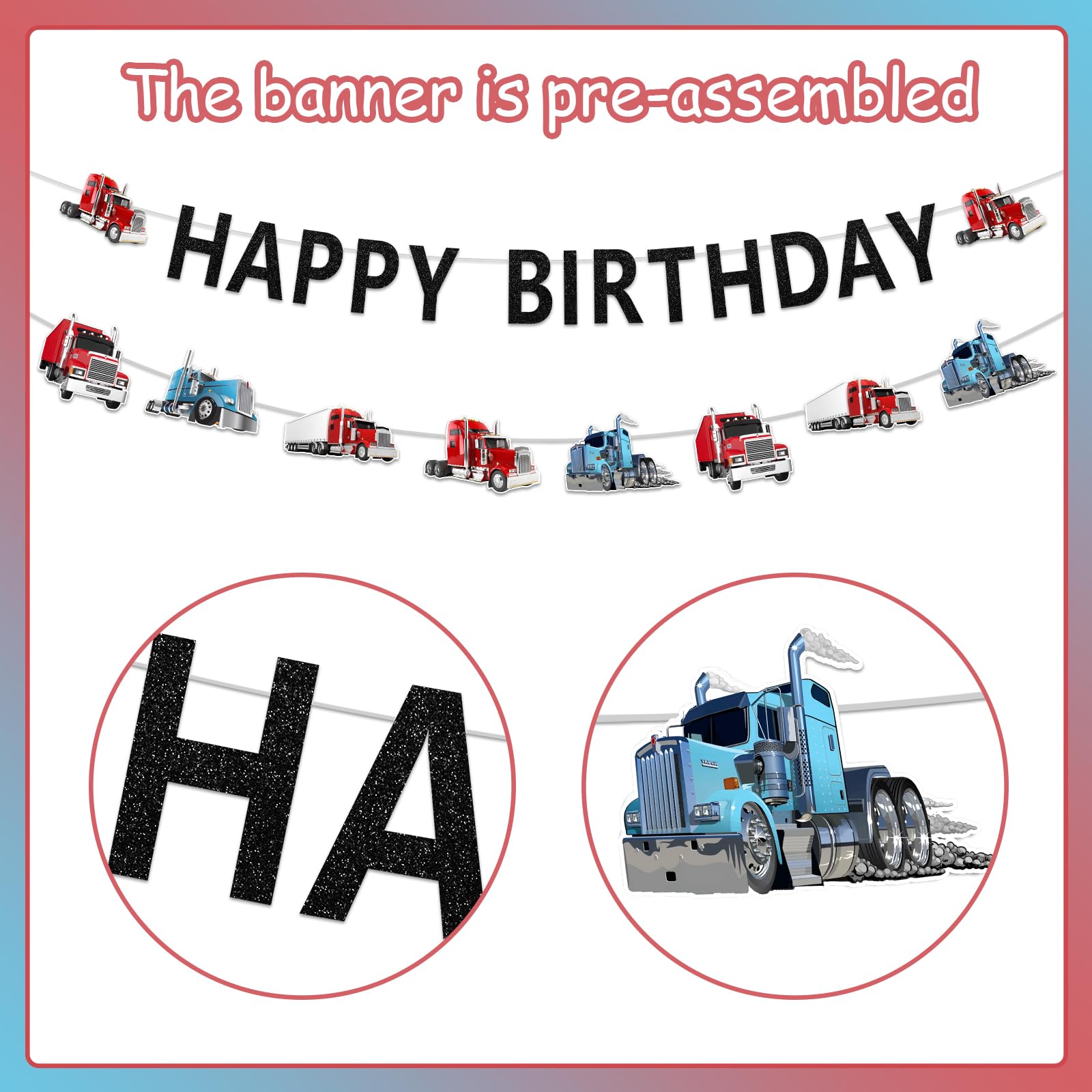 Heavy Truck Construction Birthday Banner Garland - Happy Birthday Banner for Boys Girls, Semi Truck Party Decor for Transportation Theme Birthday Party, Baby Shower & Construction Celebration