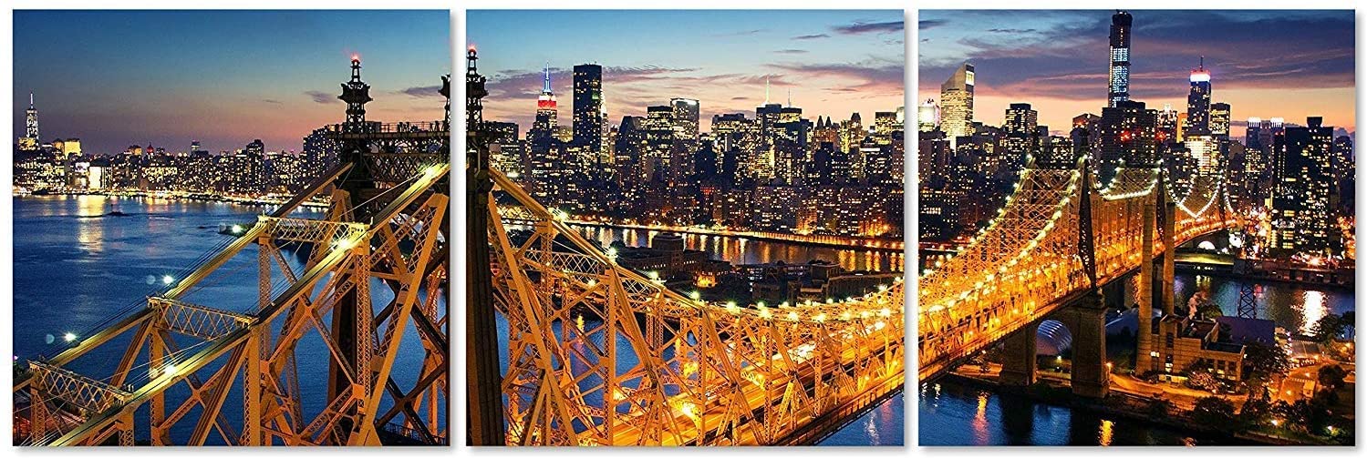 TutuBeer 3-Panel New York Skyline Wall Art - NYC Canvas Painting with Manhattan Sunset & Bridge Night View - Stretched & Framed Cityscape Decor for Living Room, Bedroom, or Office