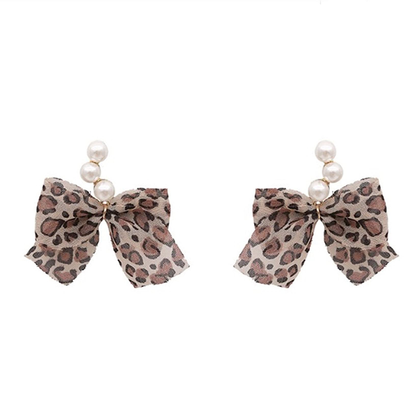 Gflyme Women's Leopard Print Bow Knot Faux Pearl Dangle Earrings - 1 Pair Fashion Stud Earrings for Women, Elegant Jewelry Gift for Daily Wear, Party, Wedding & Office Outfits