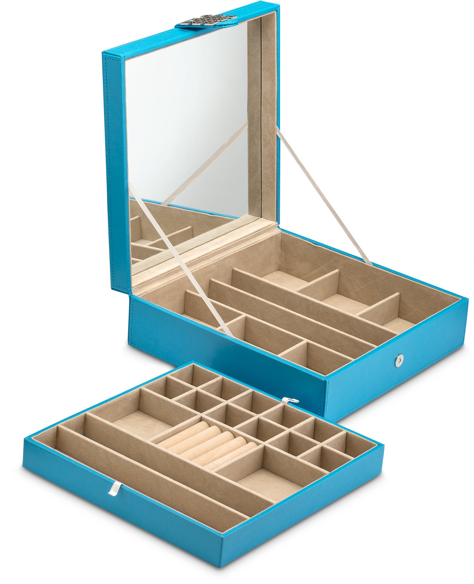 Co Jewelry Box - 28-Section Jewelry Organizer with Modern Buckle Closure, Large Mirror & 2 Trays | PU Leather Jewelry Storage for Women, Teens & Girls | Holds Earrings, Rings, Necklaces, Bracelets & Watches | Perfect for Bedroom Vanity, Travel & Gift (Blue)