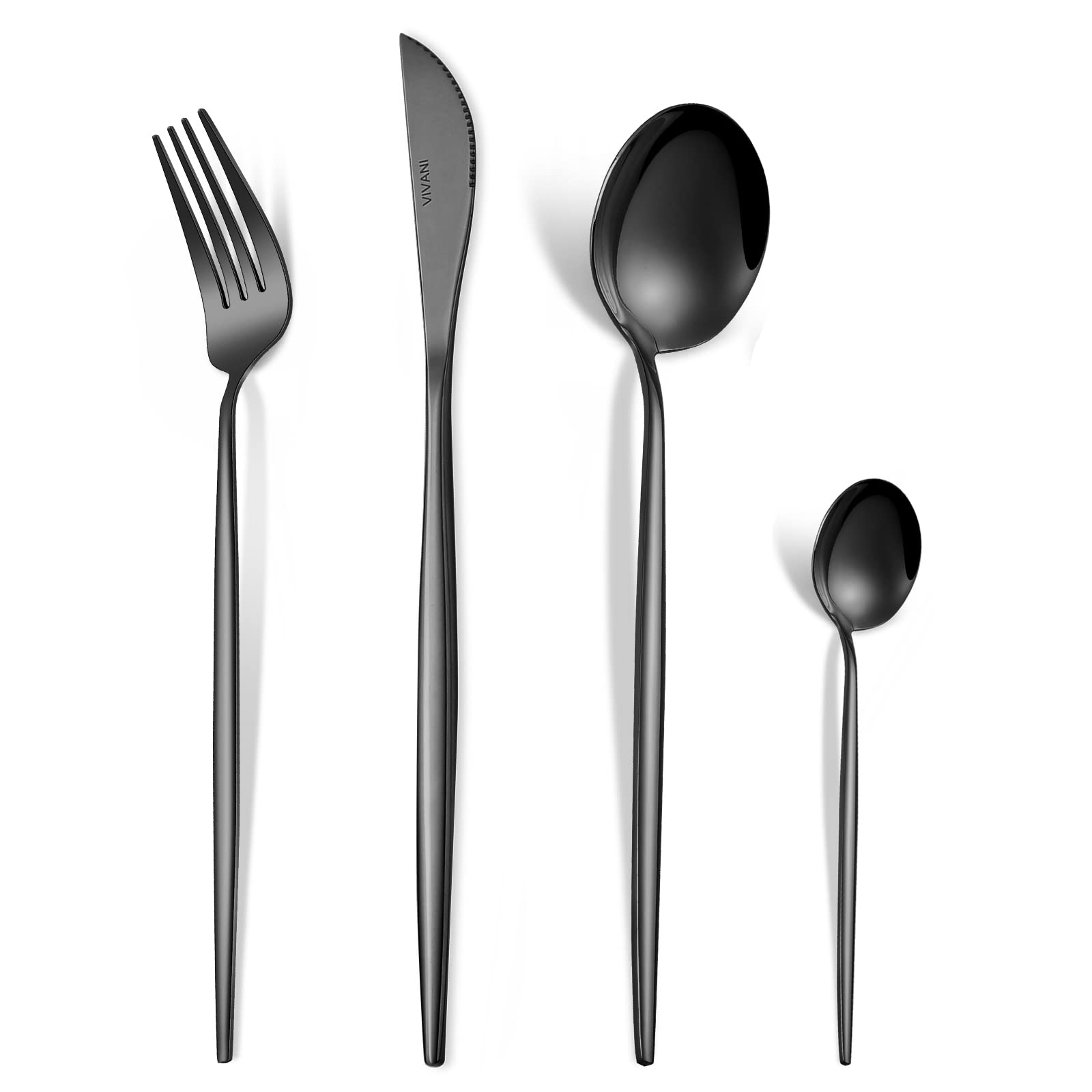 VIVANI 16-Piece Black Silverware Set - Ultra-Thin Stainless Steel Flatware Set for 4, Modern Cutlery Set with Knives, Spoons & Forks, Dishwasher Safe (V004) - Perfect for Dinner Parties, Restaurants & Everyday Dining