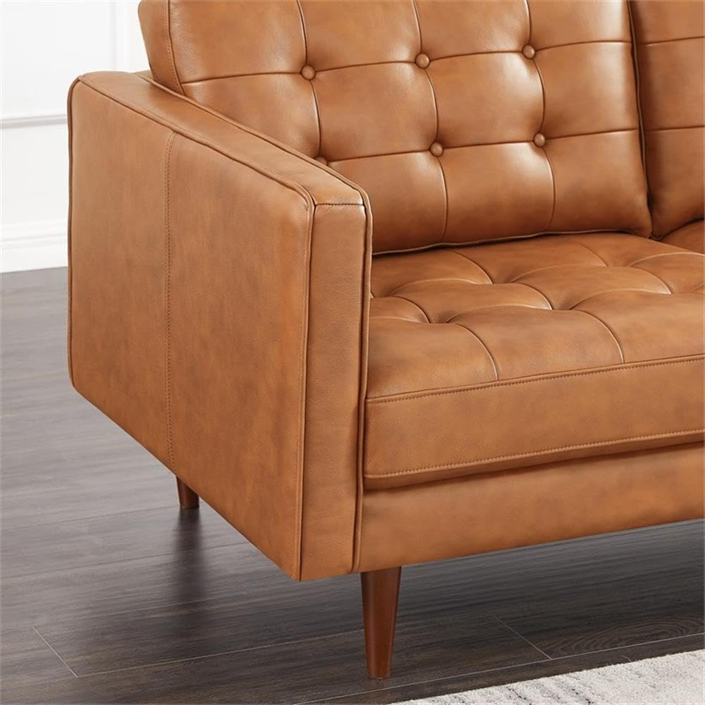 ASHCROFT Lucille Modern Leather Corner Sectional Sofa - Cognac Tan Brown - Contemporary Living Room Furniture for Small Spaces & Family Gatherings