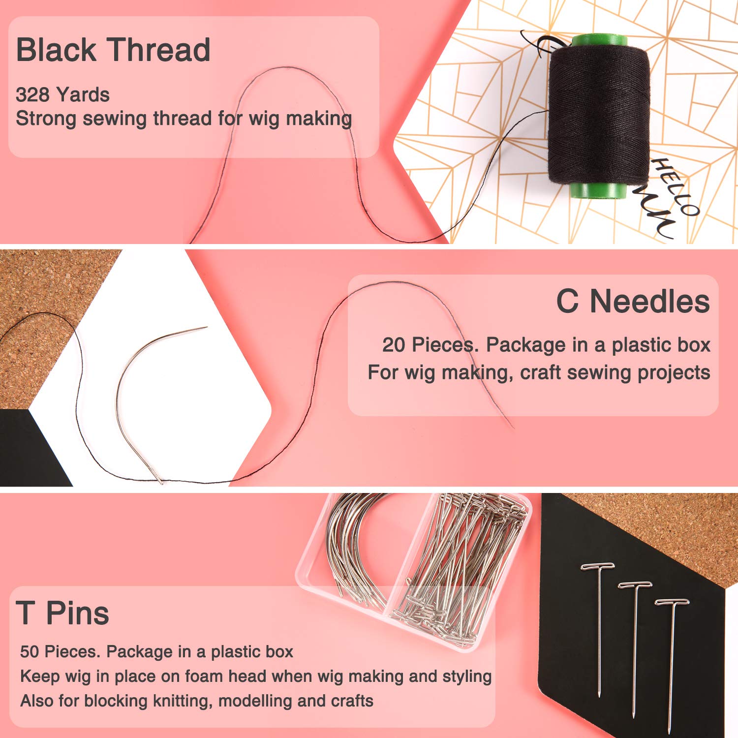 Boao 70-Piece Wig Making Kit with T-Pins & C-Curved Needles - Includes 328 Yards Thread for Wig Making, Knitting Blocking, Modeling & DIY Crafts | Perfect for Cosplay, Hairstyling & Fiber Art Projects