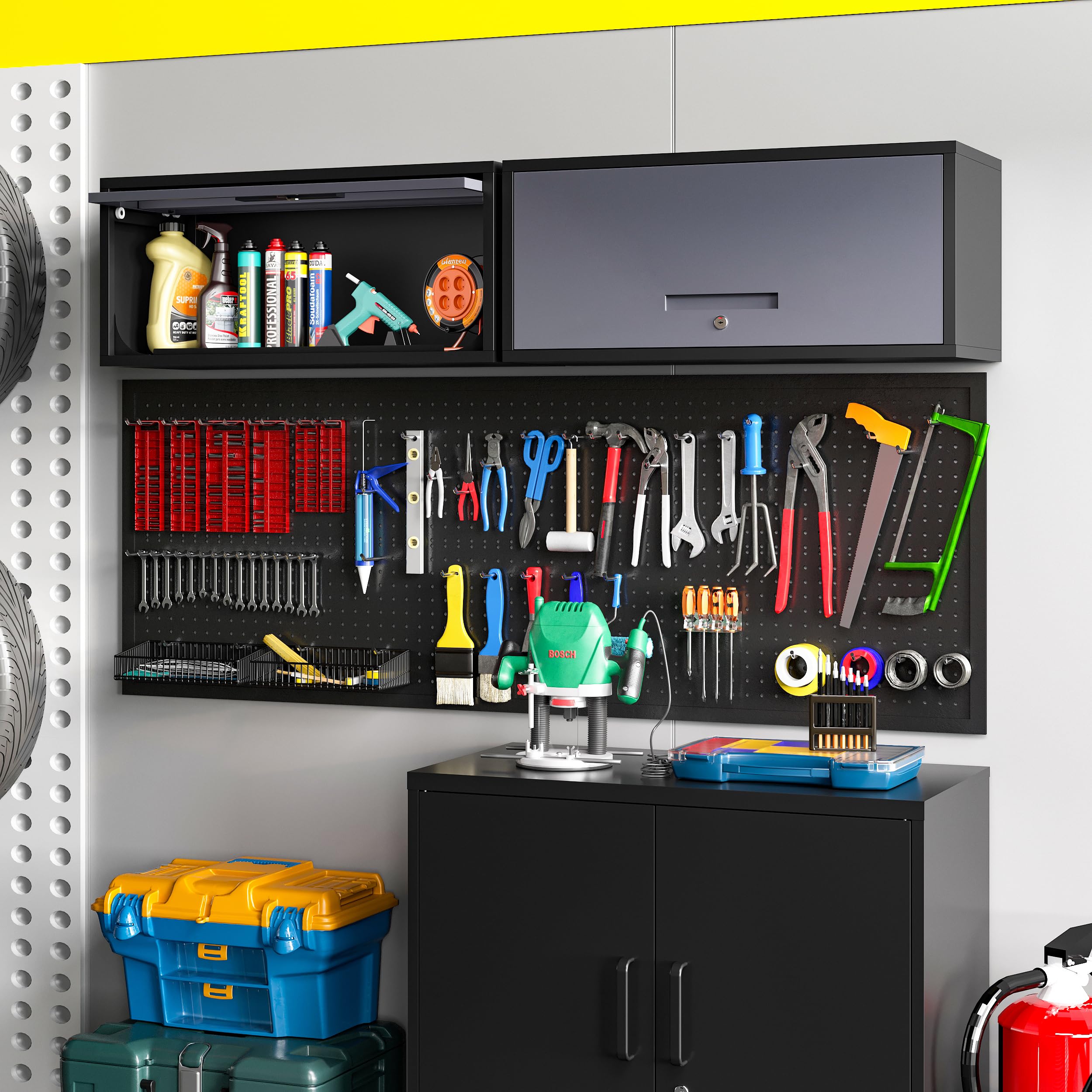 Metal Wall Storage Cabinet with Lock - 2 Shelving Garage Storage Cabinet with Flip-Up Door - Hanging Garage Cabinet for Kitchen, Home & Workshop - Easy Assembly (Black Gray, 21.6''H) - Perfect for Organizing Tools, Pantry Items & Garage Supplies