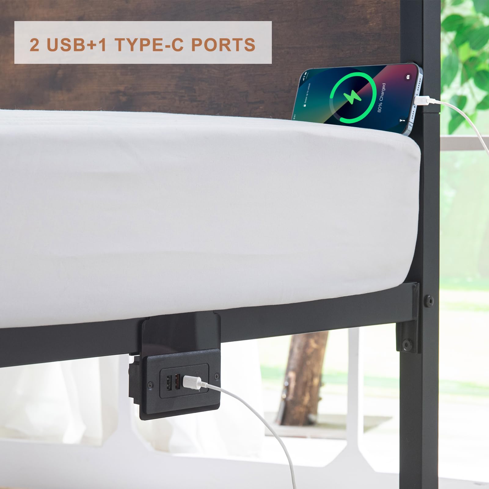 MAXYOYO Farmhouse Metal Daybed with USB Charging Station & LED Lights - Sturdy Day Bed Frame for Living Room, Guest Room, or Dorm - Perfect for Relaxing, Napping & Stylish Home Decor
